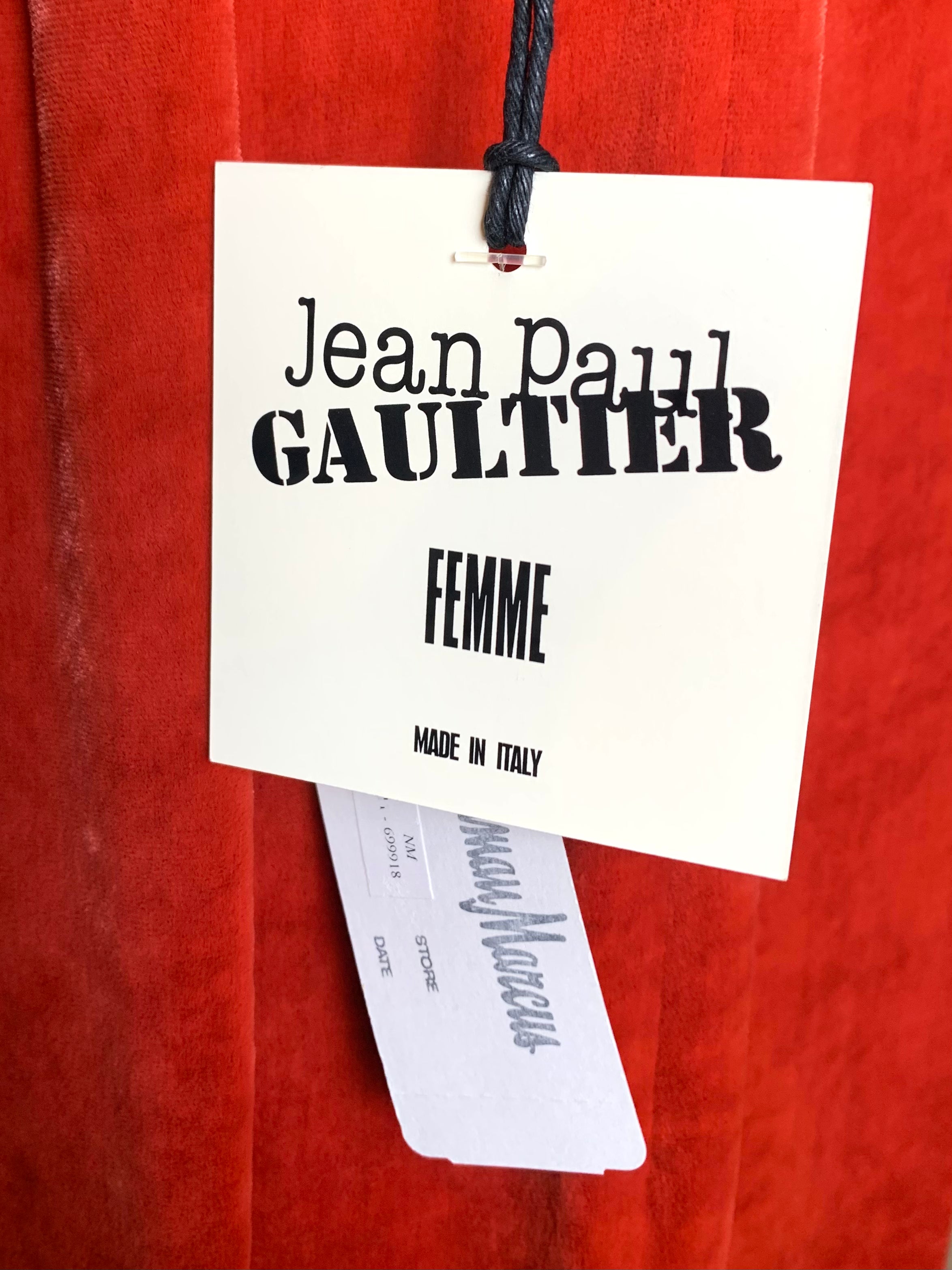  Jean Paul Gaultier Femme Scarlet Red Velvet Dress with Black Leather Yoke TAG 7/8