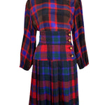 Yves Saint Laurent Rive Gauche Late '70s/ Early '80s Plaid  Silk Blouse + Pleated Wool Skirt Set FRONT 1/11