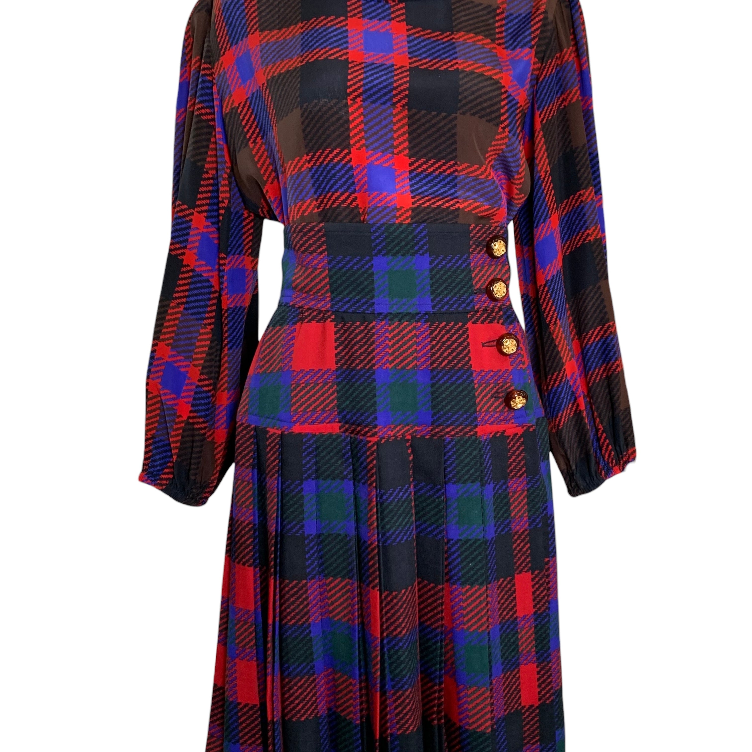 Yves Saint Laurent Rive Gauche Late '70s/ Early '80s Plaid  Silk Blouse + Pleated Wool Skirt Set FRONT 1/11