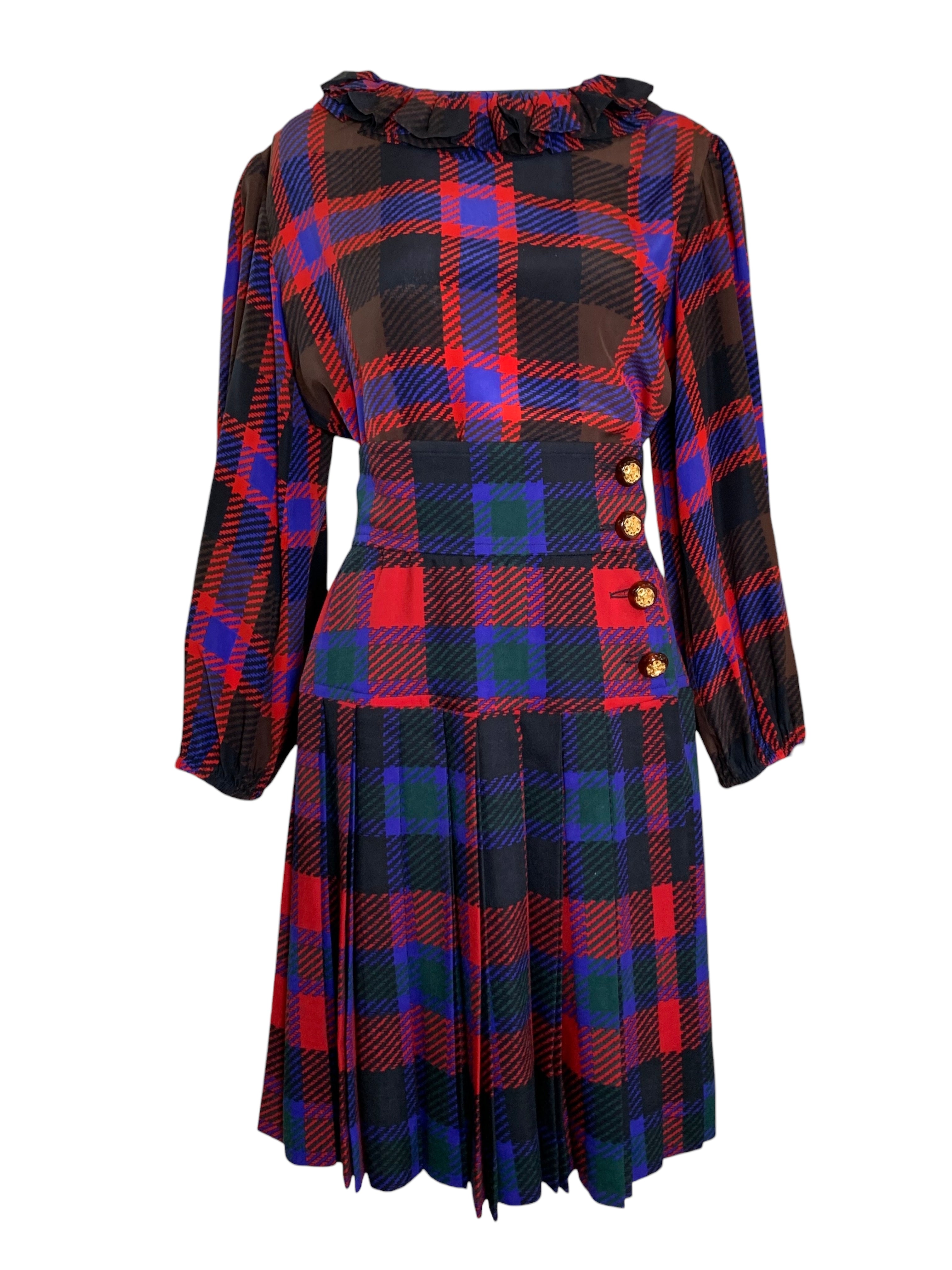 Yves Saint Laurent Rive Gauche Late '70s/ Early '80s Plaid  Silk Blouse + Pleated Wool Skirt Set FRONT 1/11