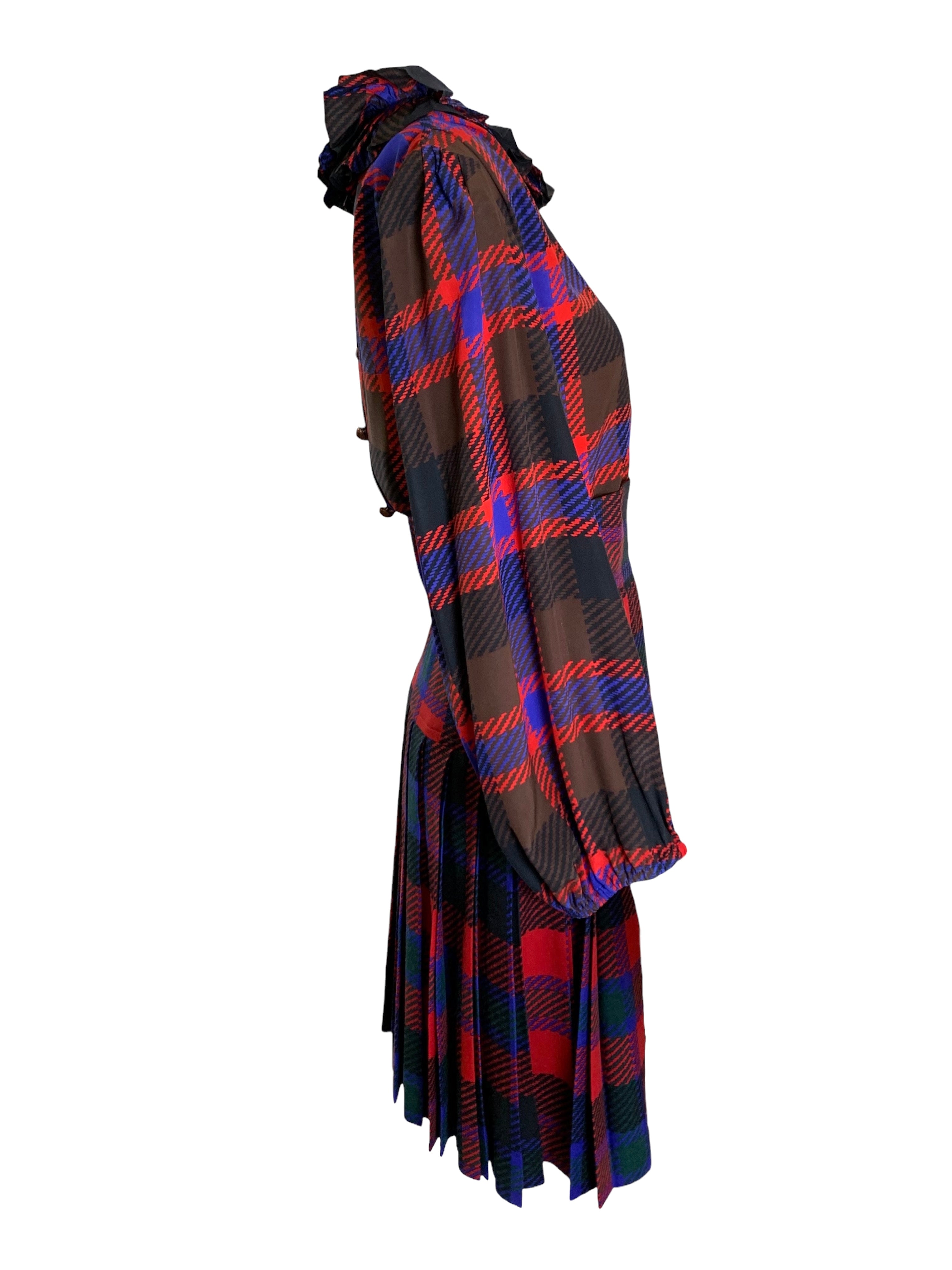 Yves Saint Laurent Rive Gauche Late '70s/ Early '80s Plaid  Silk Blouse + Pleated Wool Skirt Set SIDE 2/11