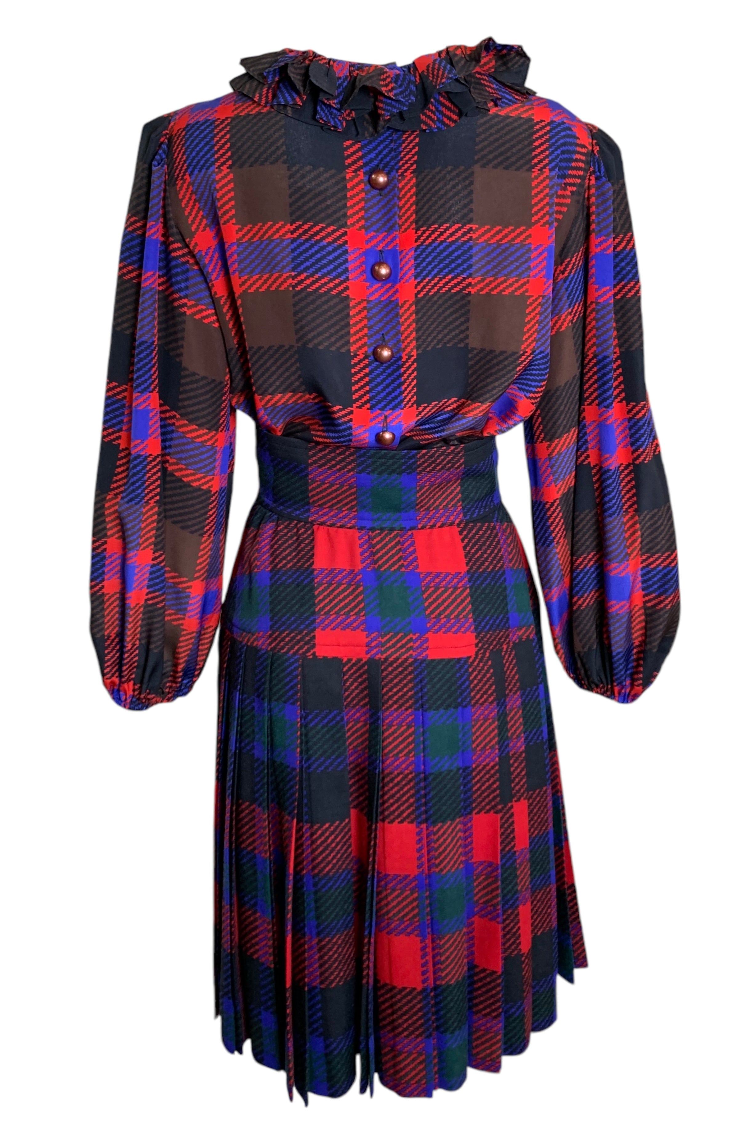 Yves Saint Laurent Rive Gauche Late '70s/ Early '80s Plaid  Silk Blouse + Pleated Wool Skirt Set BACK 3/11