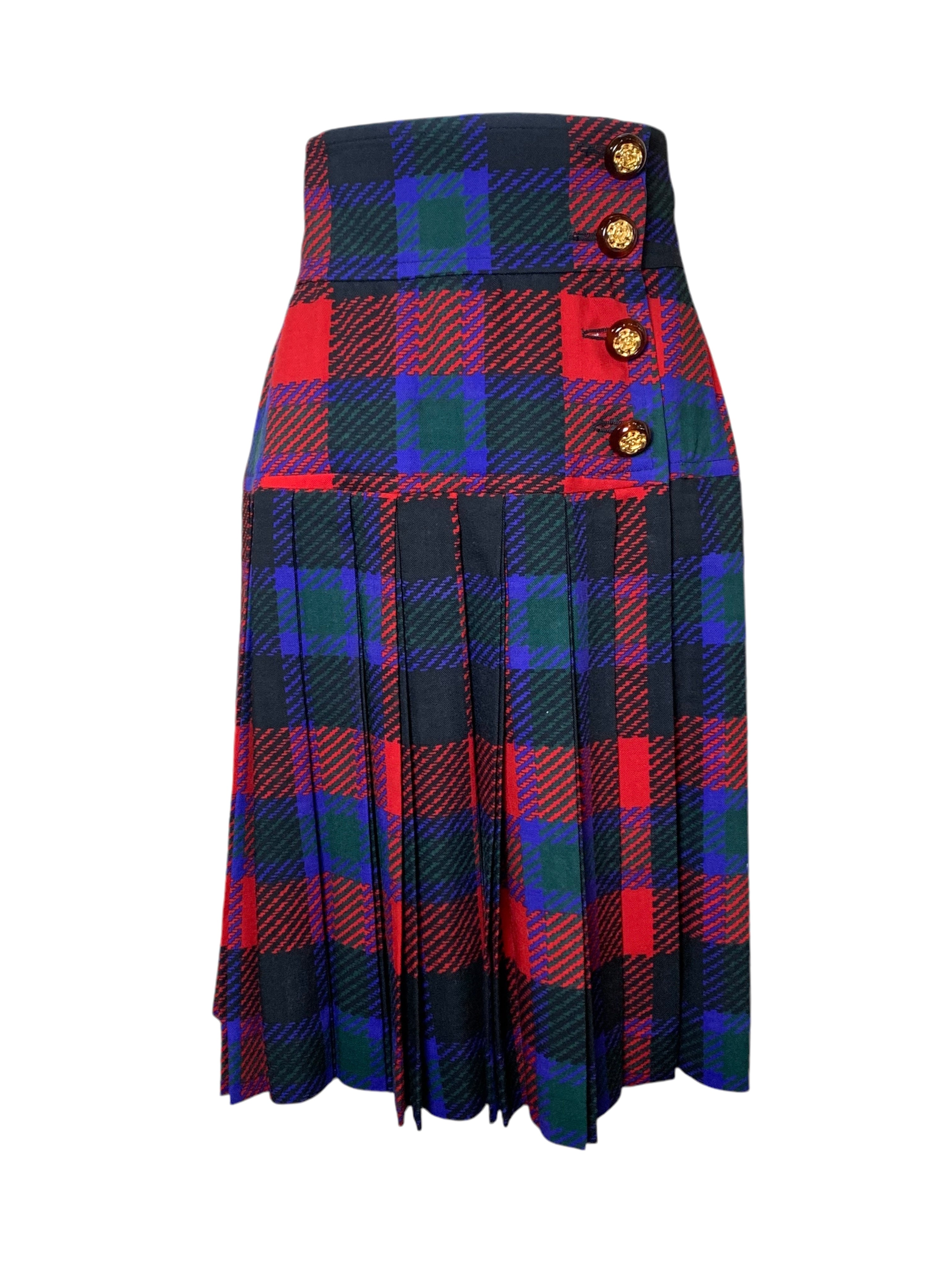 Yves Saint Laurent Rive Gauche Late '70s/ Early '80s Plaid  Silk Blouse + Pleated Wool Skirt Set SKIRT FRONT 4/11