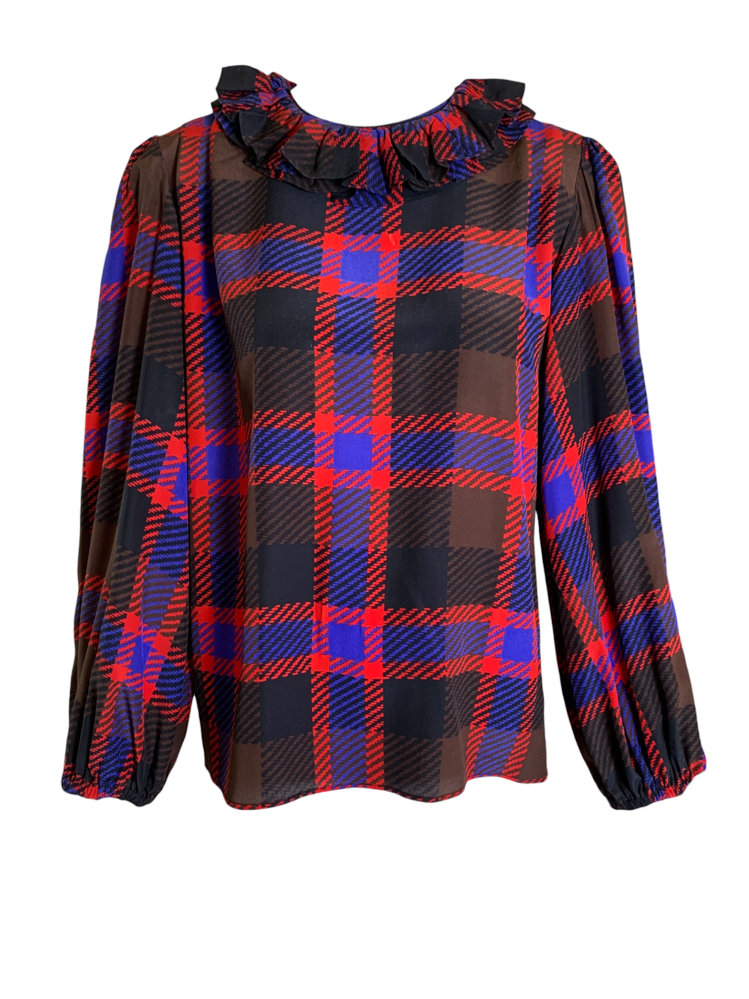 Yves Saint Laurent Rive Gauche Late '70s/ Early '80s Plaid  Silk Blouse + Pleated Wool Skirt Set BLOUSE FRONT 8/11