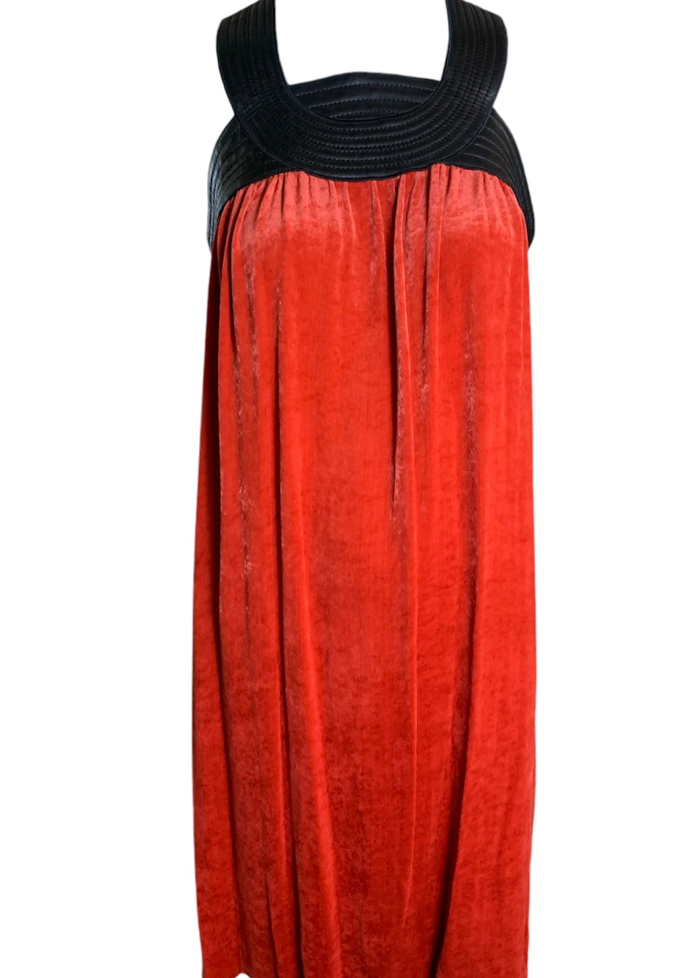  Jean Paul Gaultier Femme Scarlet Red Velvet Dress with Black Leather Yoke FRONT 1/8