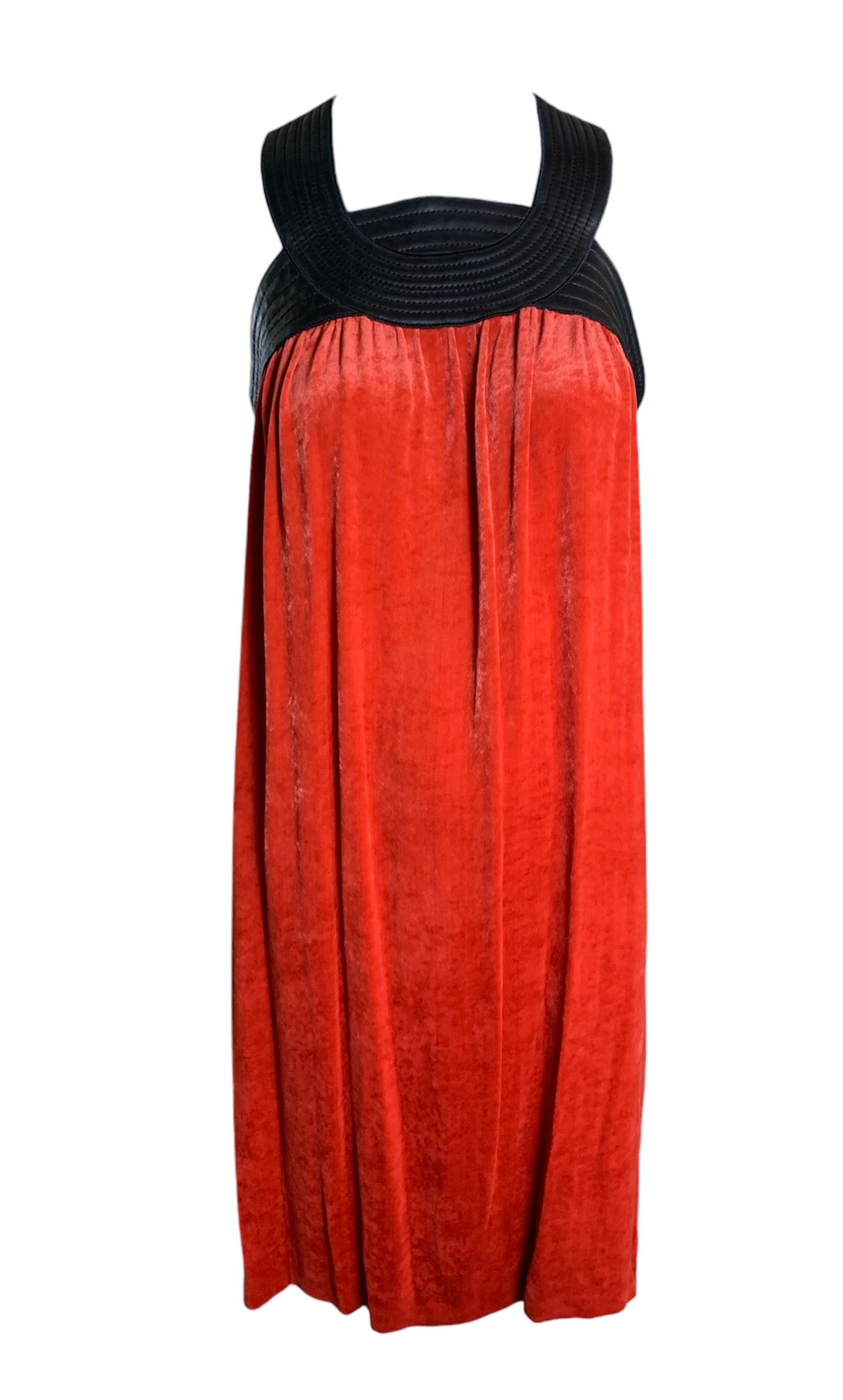  Jean Paul Gaultier Femme Scarlet Red Velvet Dress with Black Leather Yoke FRONT 1/8