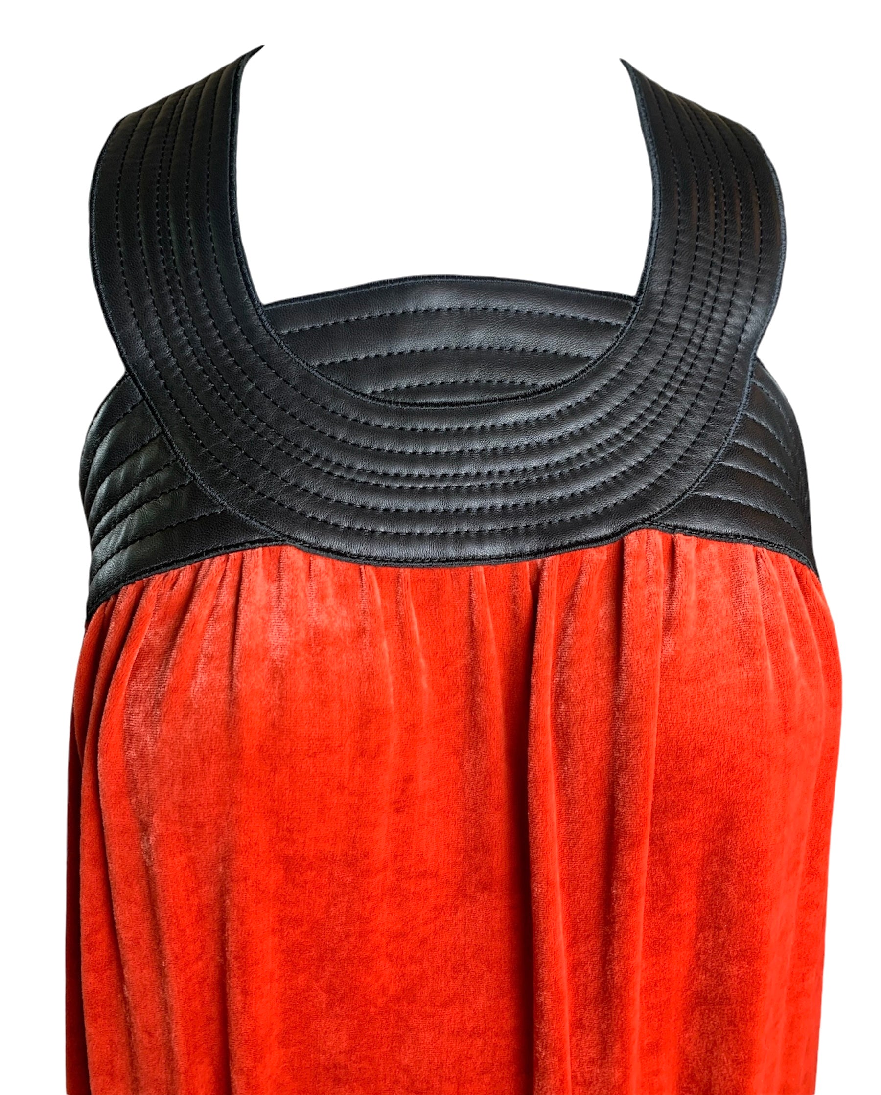  Jean Paul Gaultier Femme Scarlet Red Velvet Dress with Black Leather Yoke YOKE DETAIL 2/8