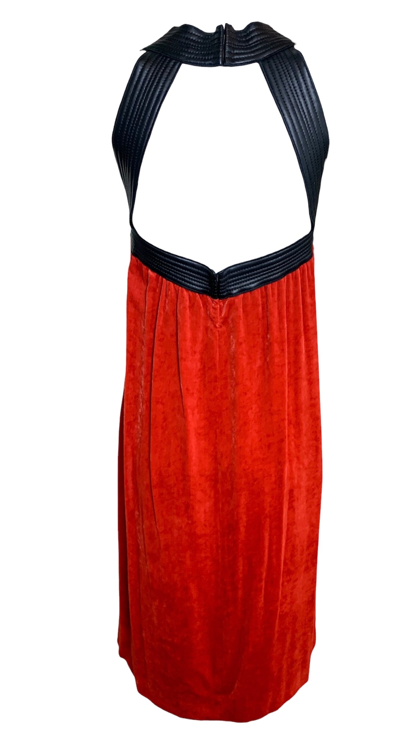  Jean Paul Gaultier Femme Scarlet Red Velvet Dress with Black Leather Yoke BACK 4/8