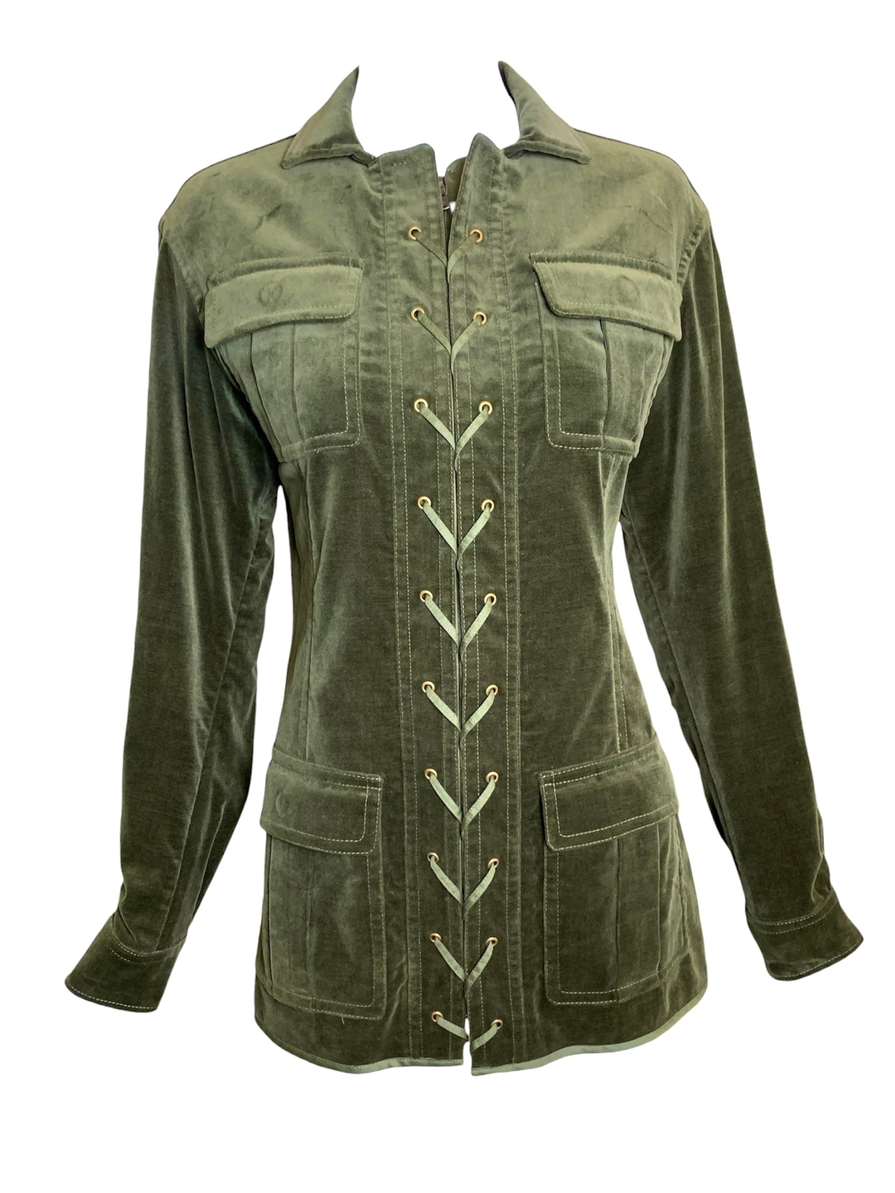 Yves Saint Laurent F/W '04 Tom Ford era Green Velveteen Safari Jacket FRONT 1/8