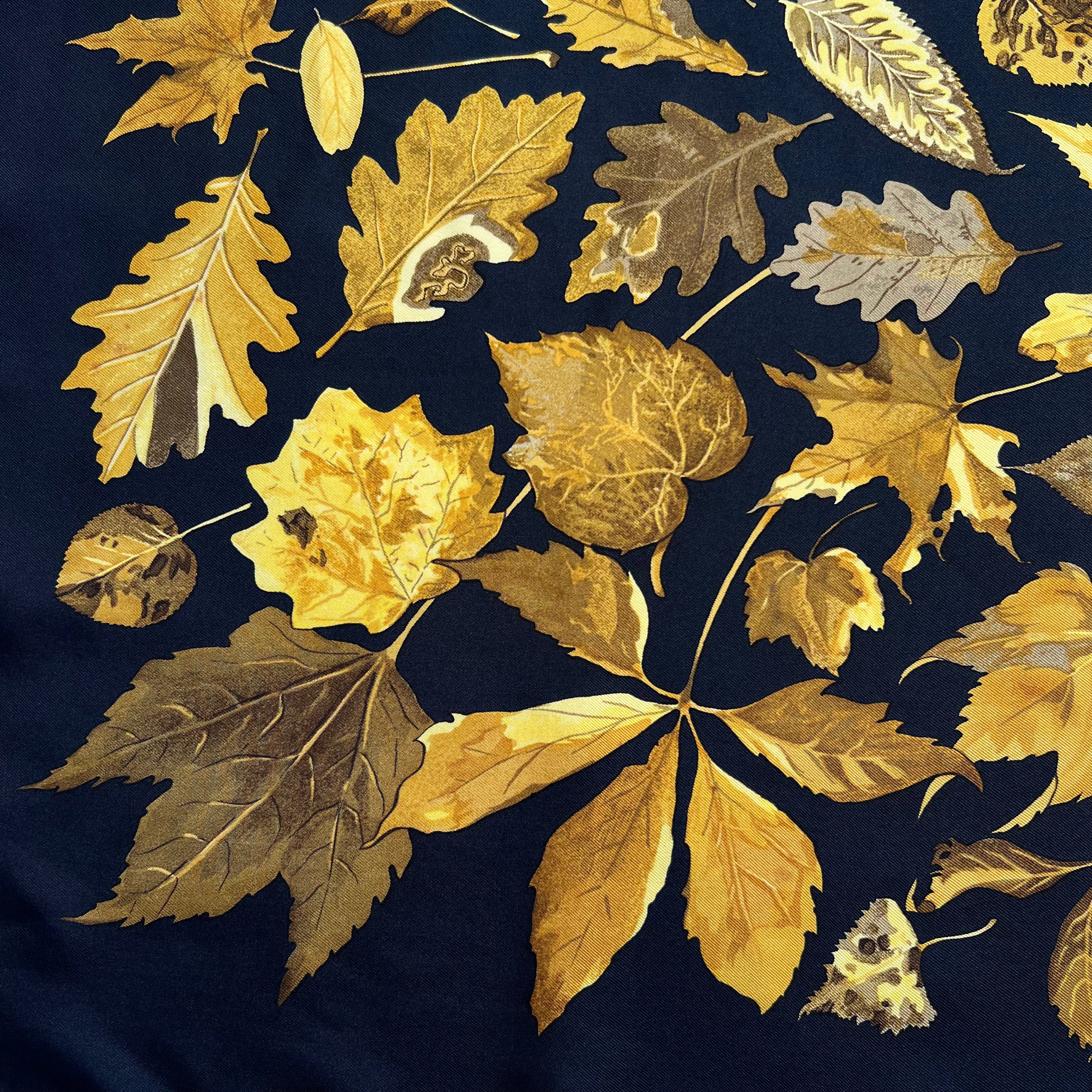 Hermès 'Tourbillons' by Christiane Vauzelles 1990 Autumn Leaves Print Silk Carré Scarf, detail