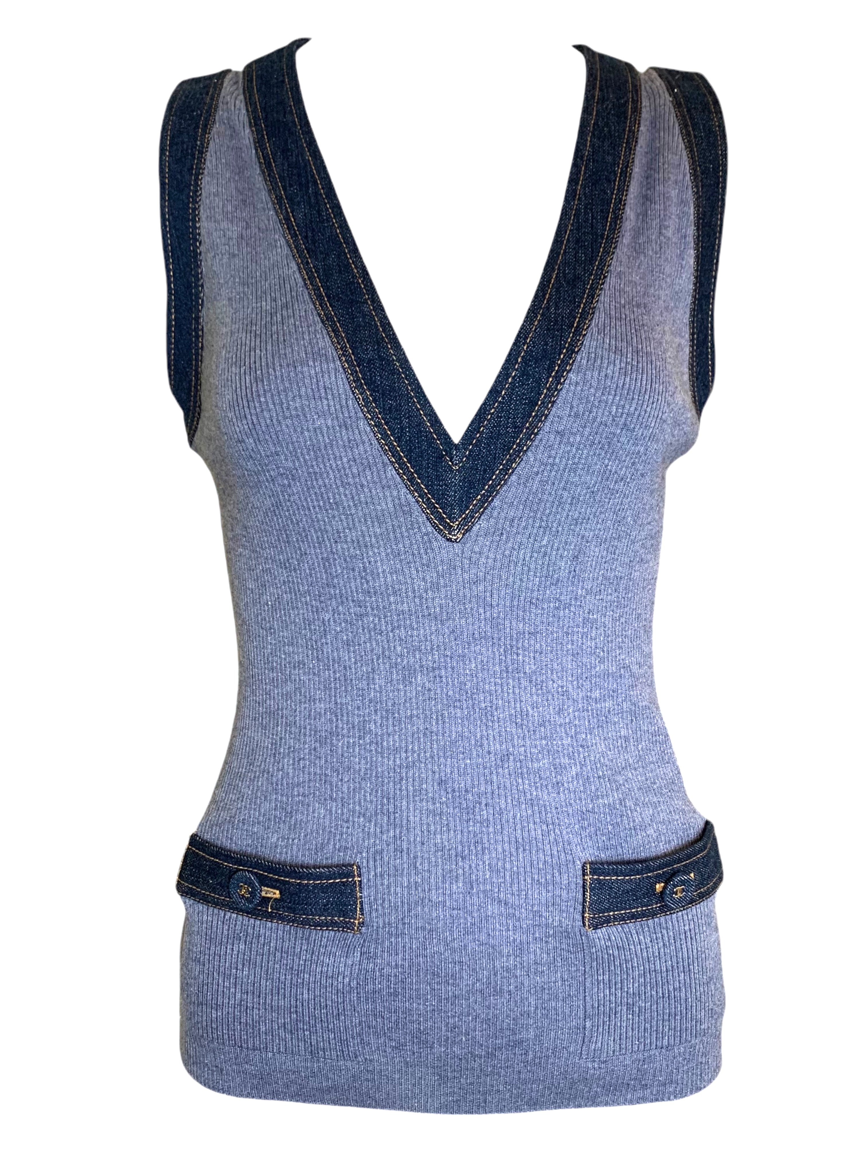 Chanel 2007 Ribbed Heather Blue Denim Trimmed Vest