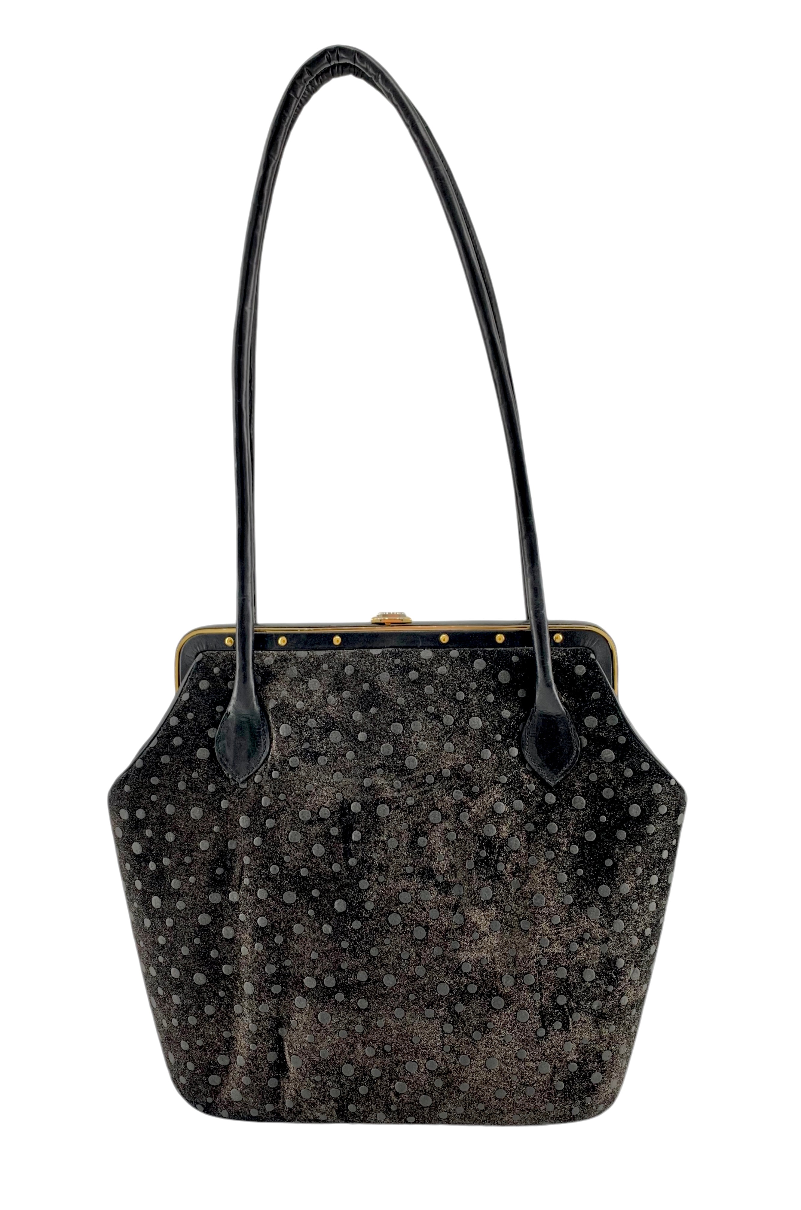  Judith Leiber 90's Shimmery Charcoal Suede Polka Dot Purse BACK 3/11