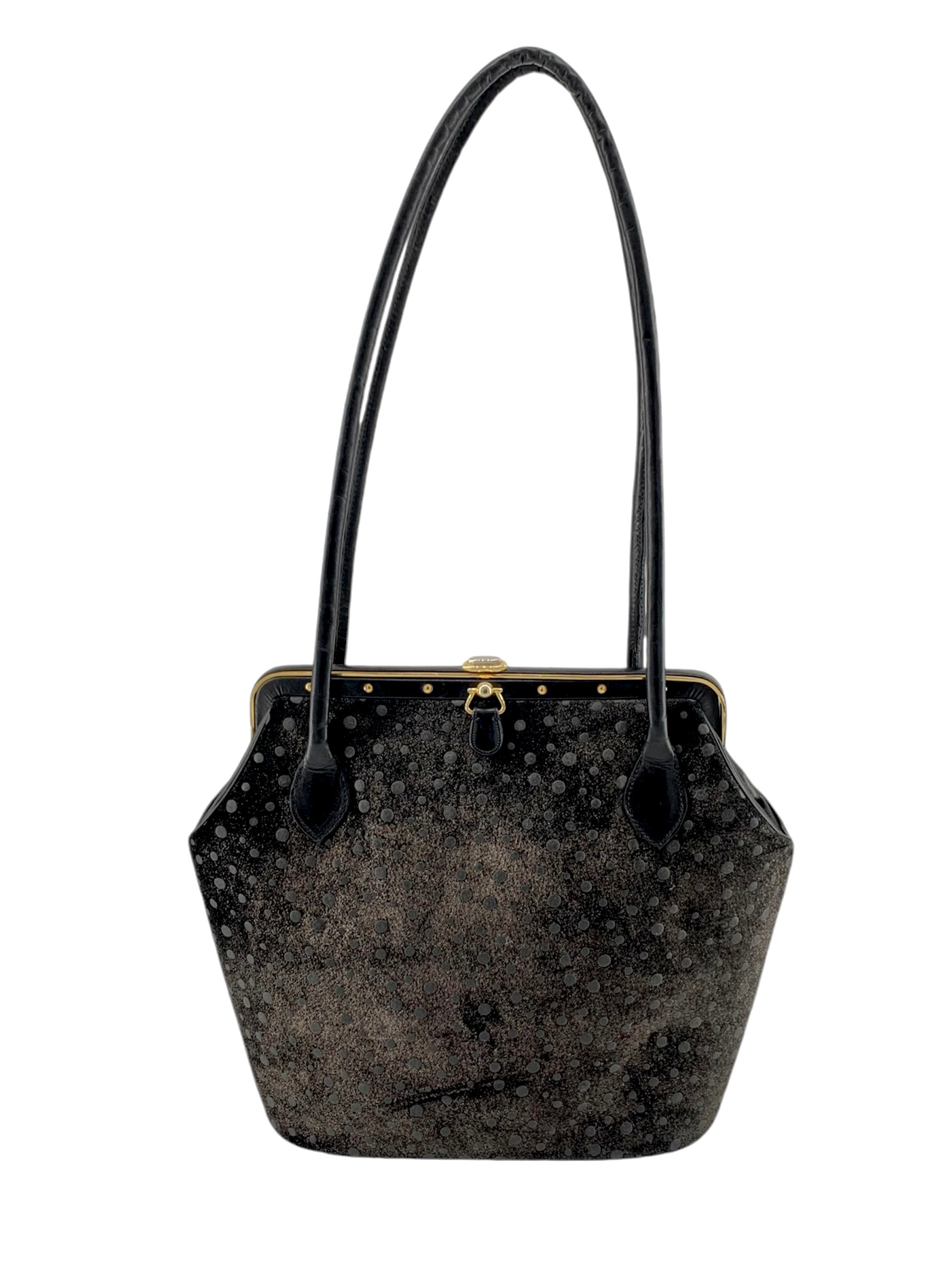  Judith Leiber 90's Shimmery Charcoal Suede Polka Dot Purse FRONT 1/11