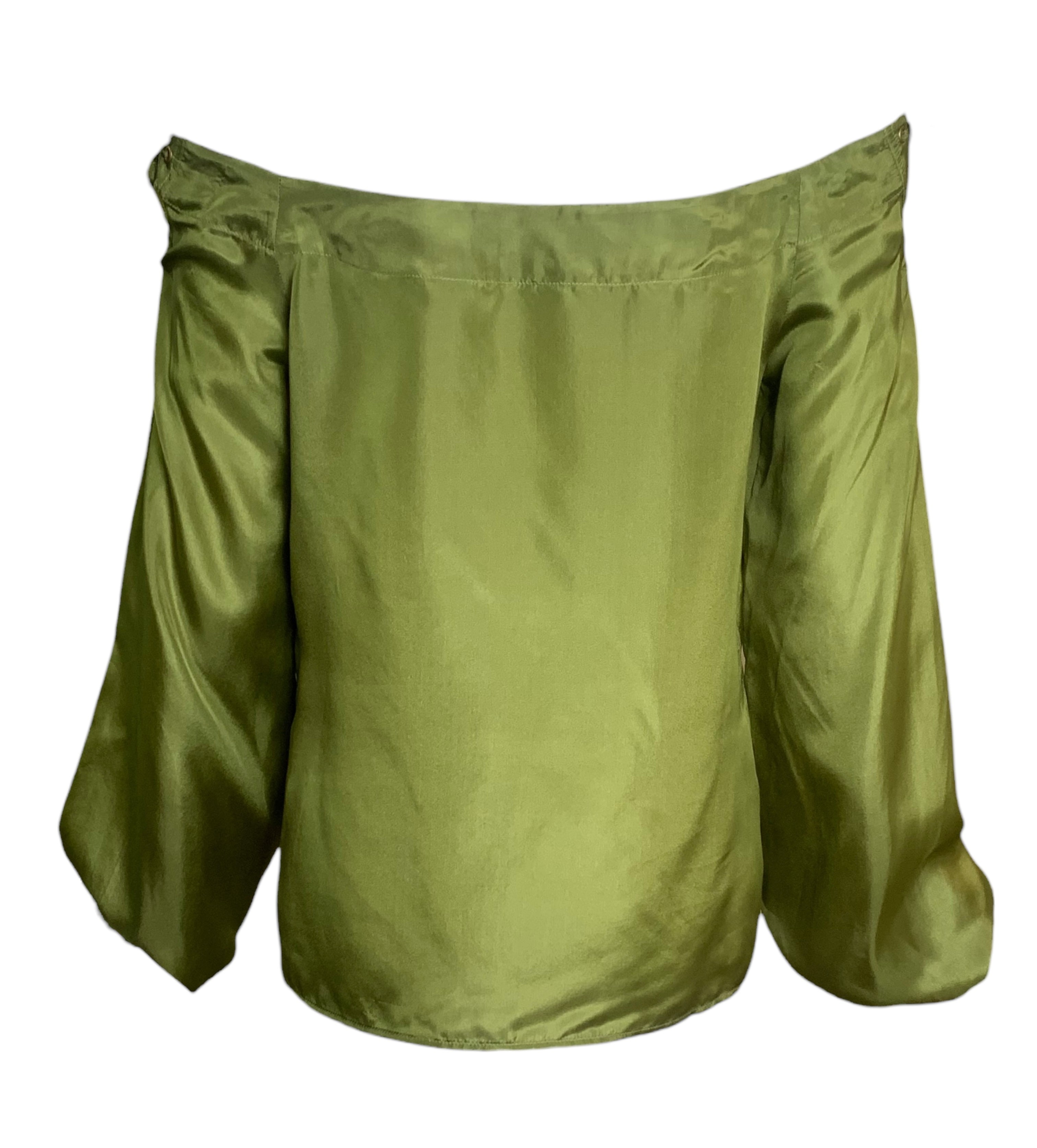 Yves Saint Laurent F/W '04 Tom Ford Olive Green Silk Lace Up Safari Blouse BACK OFF SHOULDER 5/10