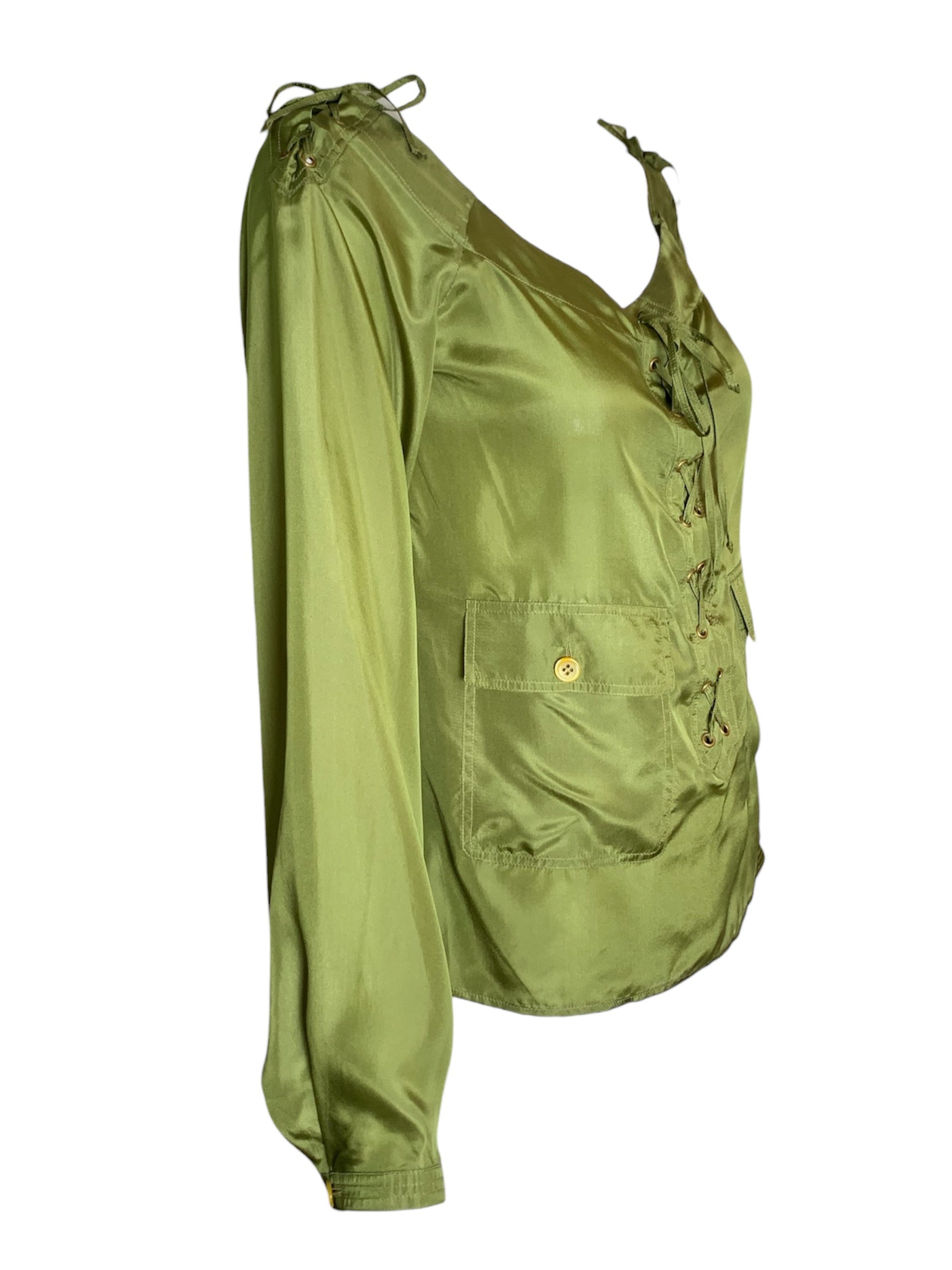 Yves Saint Laurent F/W '04 Tom Ford Olive Green Silk Lace Up Safari Blouse SIDE ANGLE 3/10