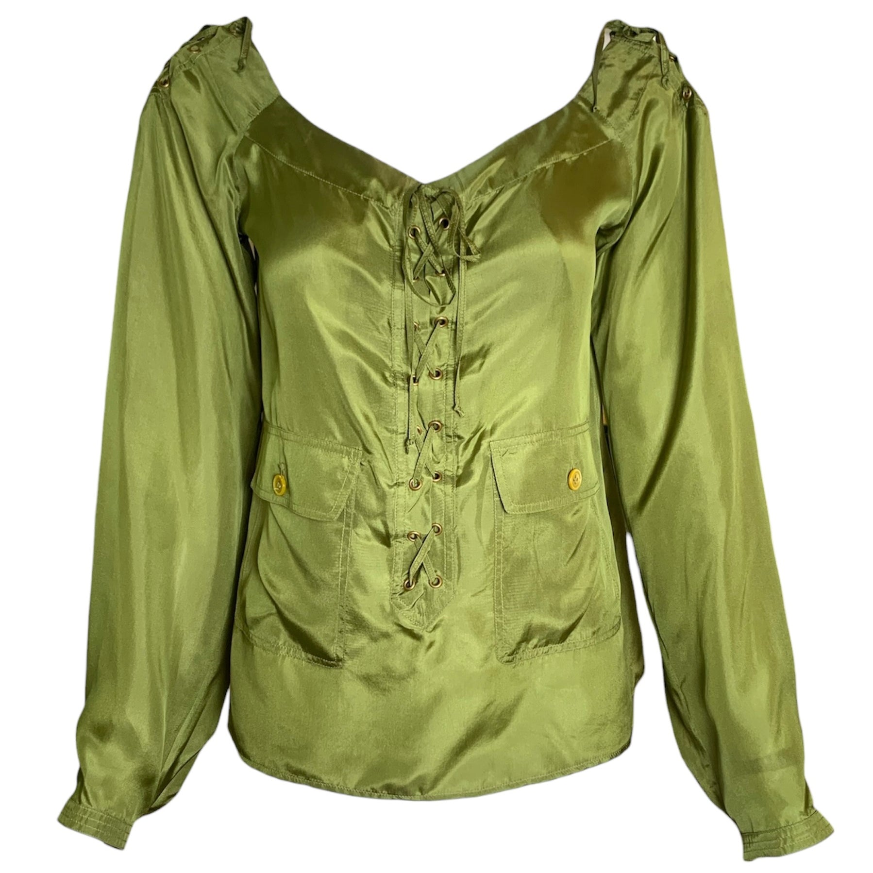 Yves Saint Laurent F/W '04 Tom Ford Olive Green Silk Lace Up Safari Blouse FRONT 1/10