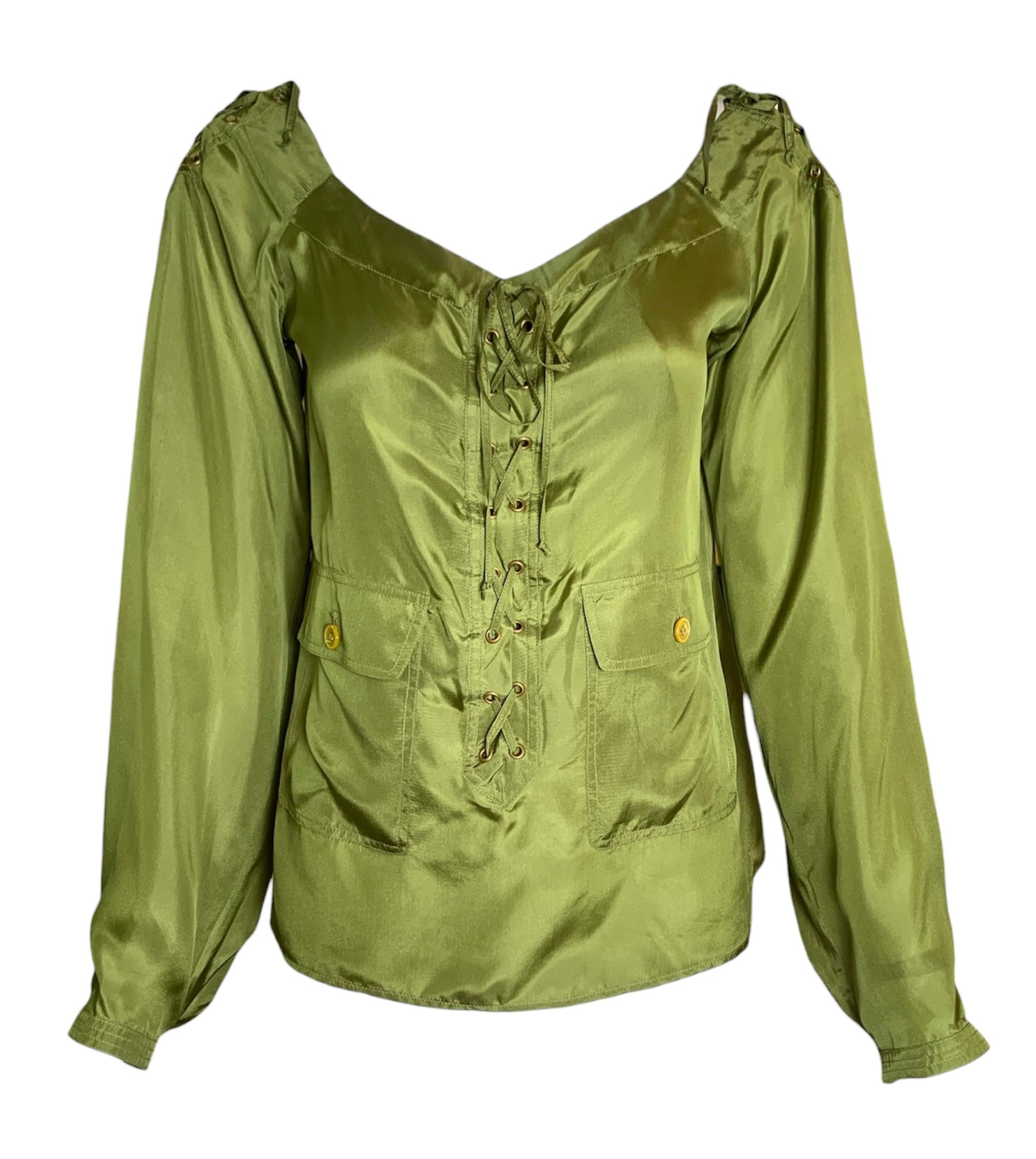 Yves Saint Laurent F/W '04 Tom Ford Olive Green Silk Lace Up Safari Blouse FRONT 1/10