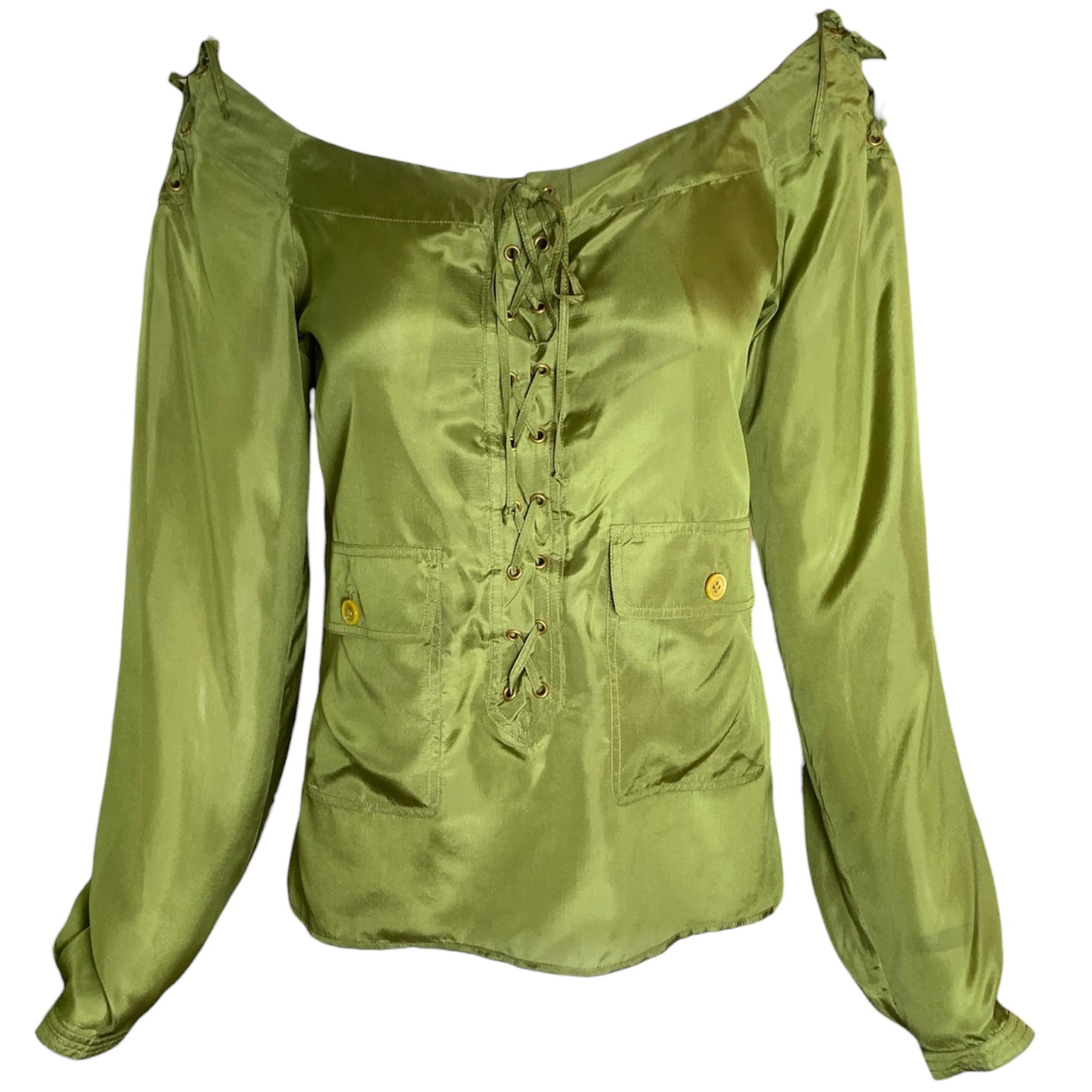 Yves Saint Laurent F/W '04 Tom Ford Olive Green Silk Lace Up Safari Blouse FRONT OFF SHOULDER 2/10