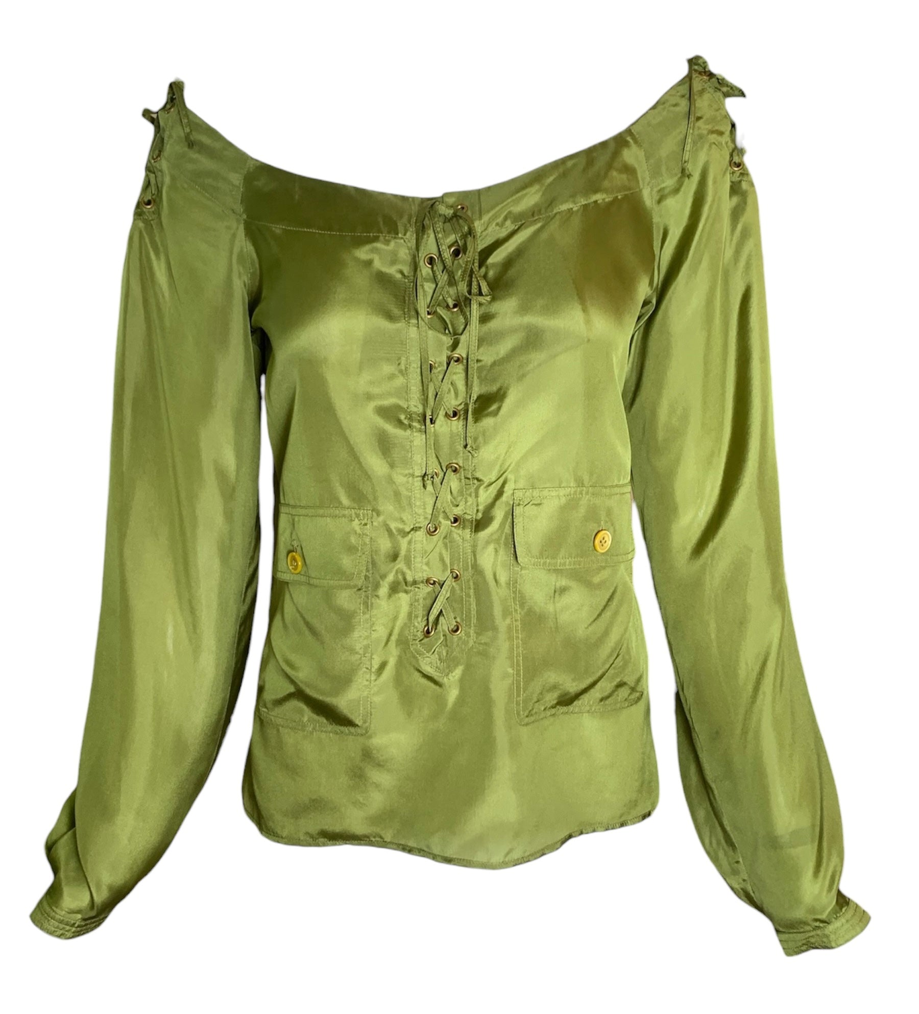 Yves Saint Laurent F/W '04 Tom Ford Olive Green Silk Lace Up Safari Blouse FRONT OFF SHOULDER 2/10