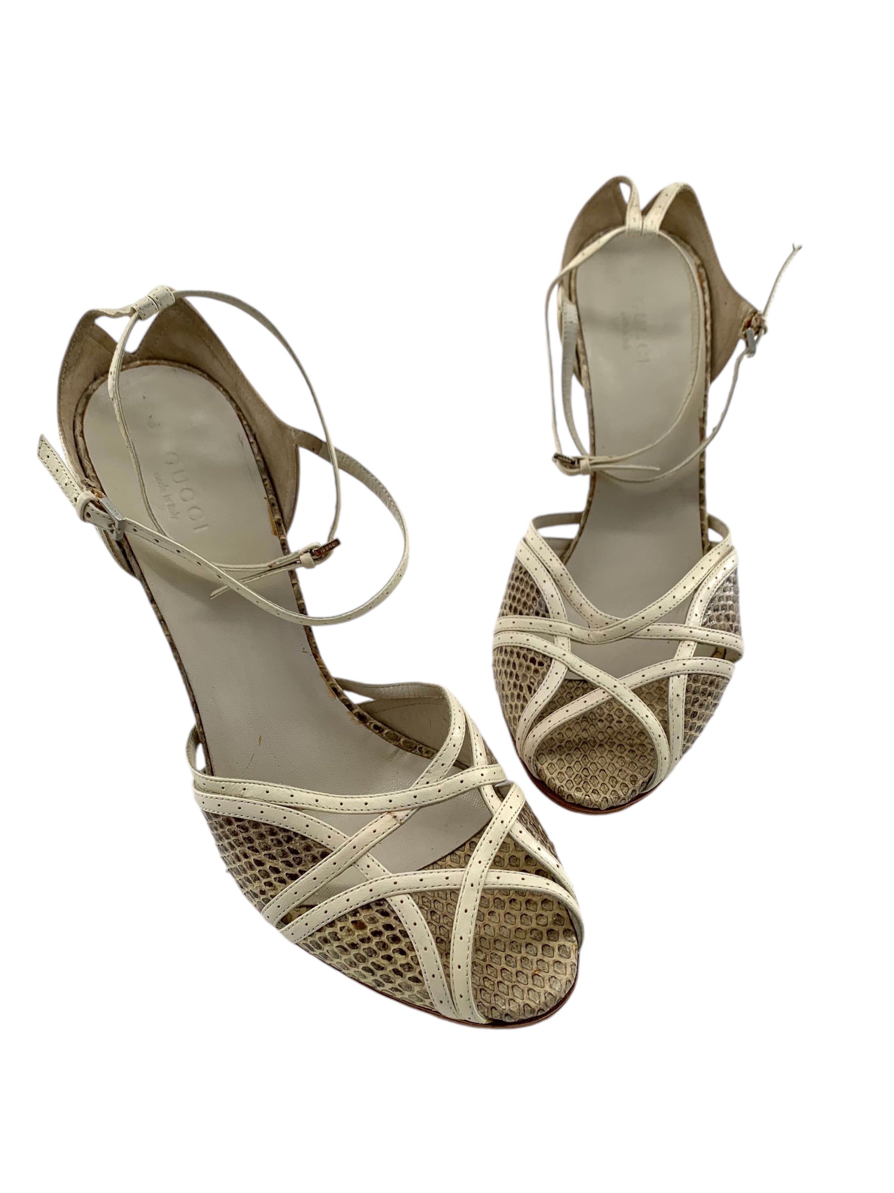 Gucci Strappy Cream Leather and Snake Skin Sandal Heels ANGLE 1/11