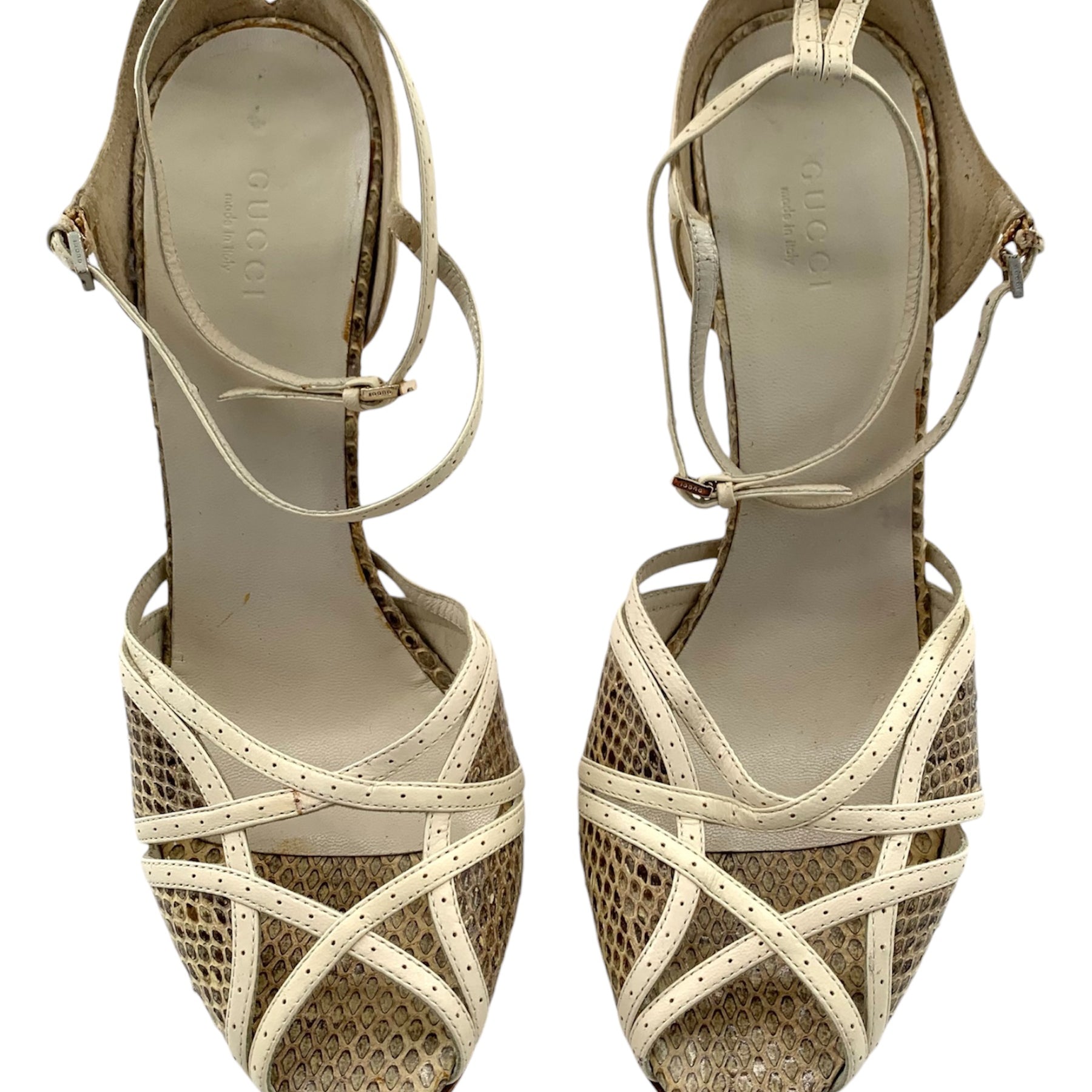 Gucci Strappy Cream Leather and Snake Skin Sandal Heels TOP 2/11