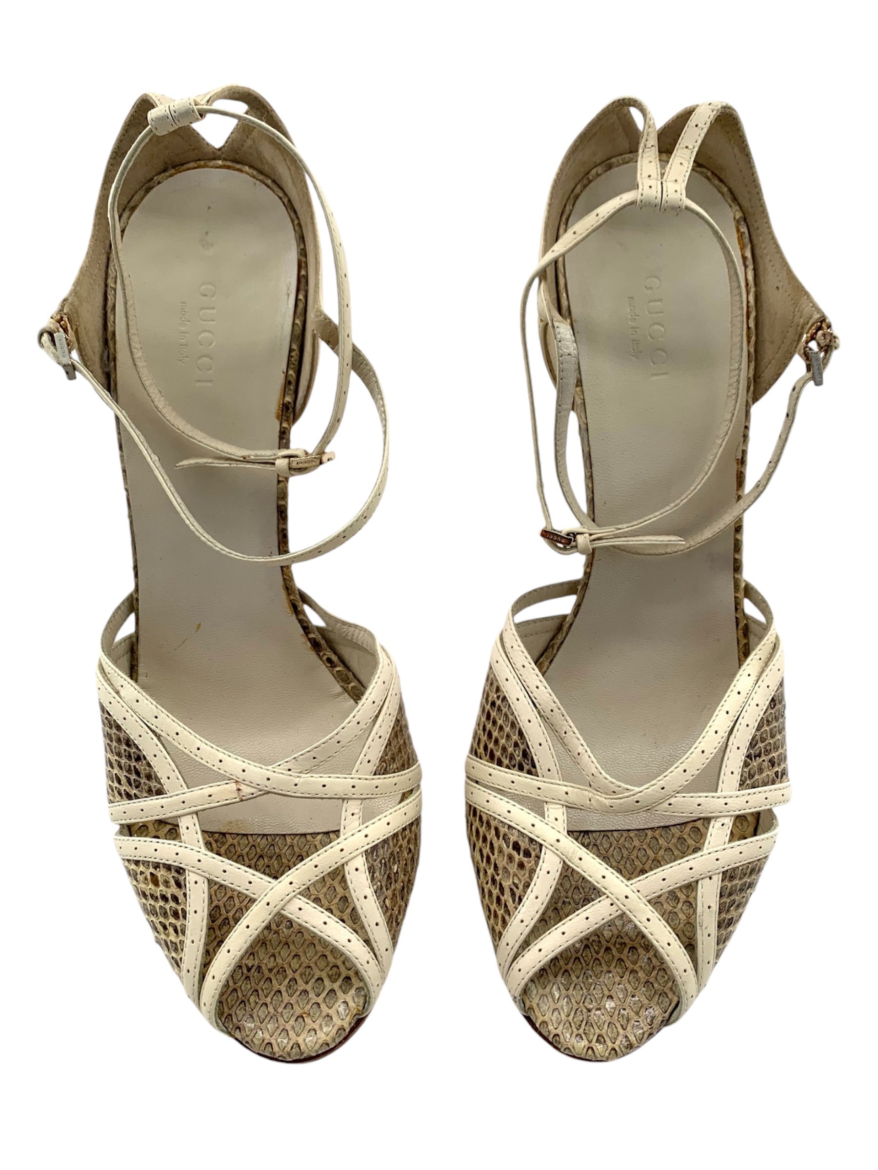 Gucci Strappy Cream Leather and Snake Skin Sandal Heels TOP 2/11