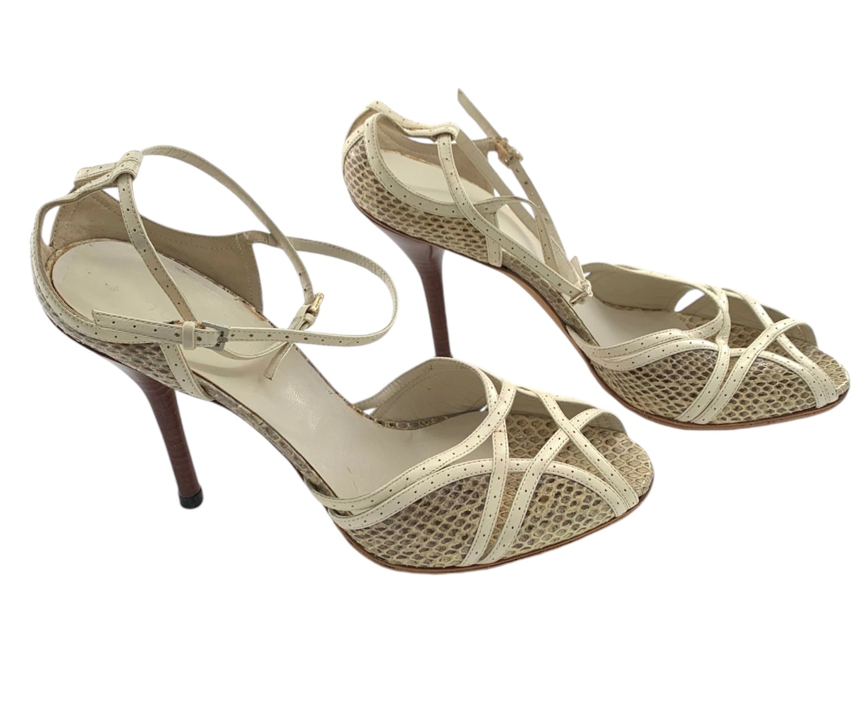 Gucci Strappy Cream Leather and Snake Skin Sandal Heels RIGHT SIDE 3/11