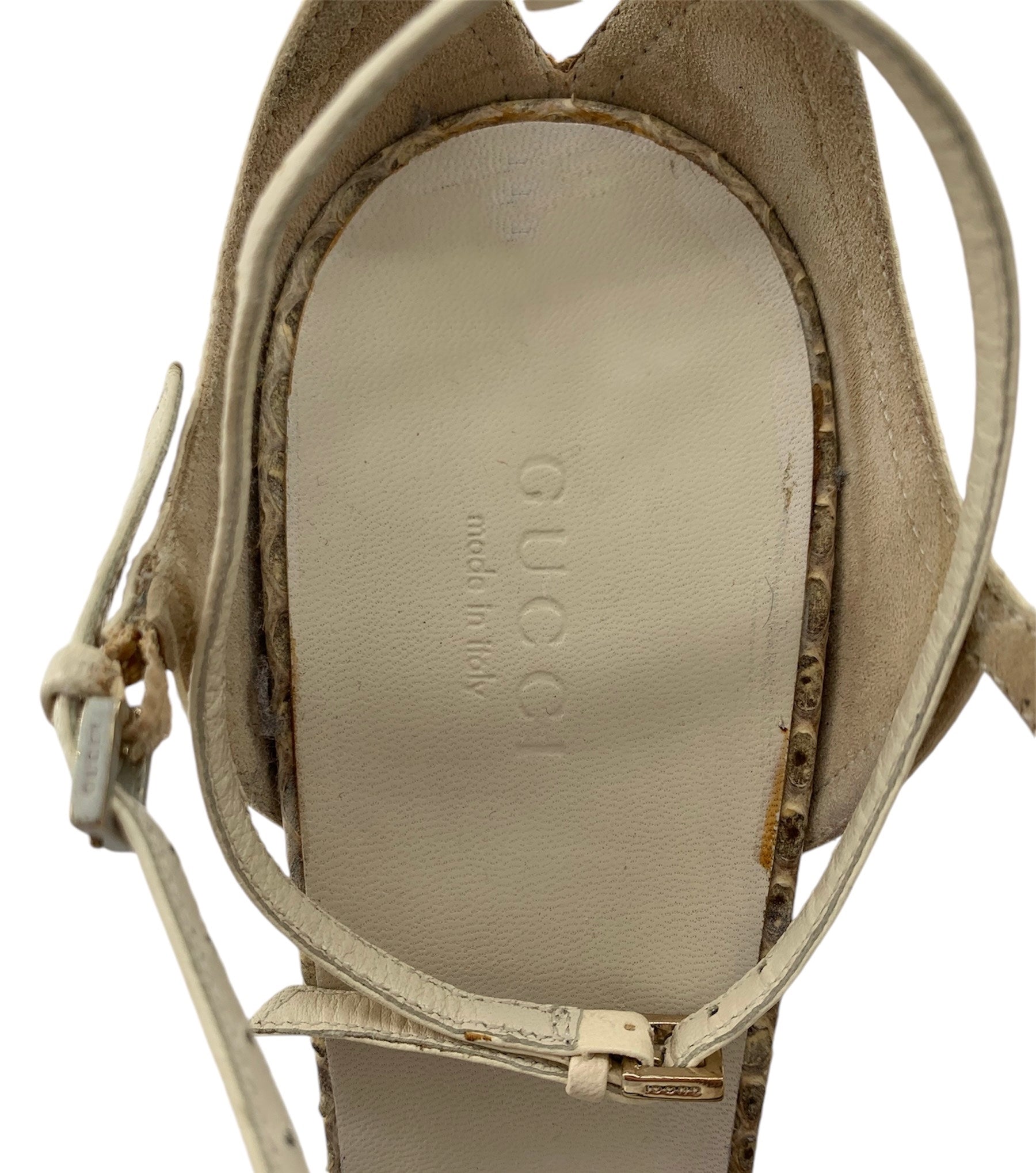 Gucci Strappy Cream Leather and Snake Skin Sandal Heels LOGO 8/11