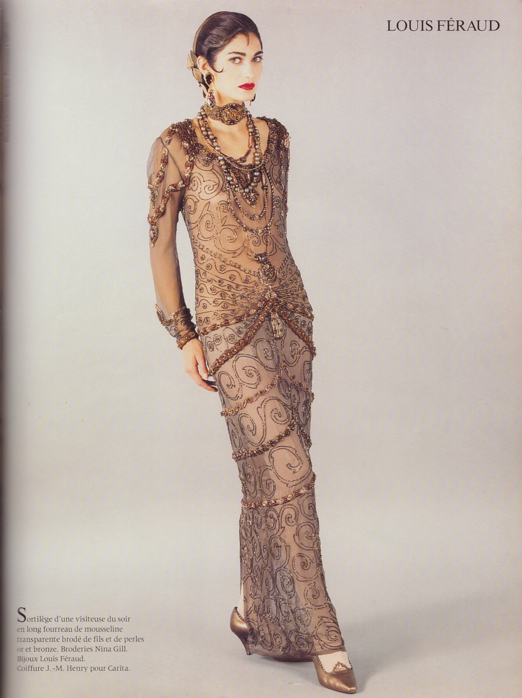 ouis Feraud F/W 1989 Brown Stunning Beaded Chiffon Gown MAGAZINE REFERENCE PHOTO 2 OF 5