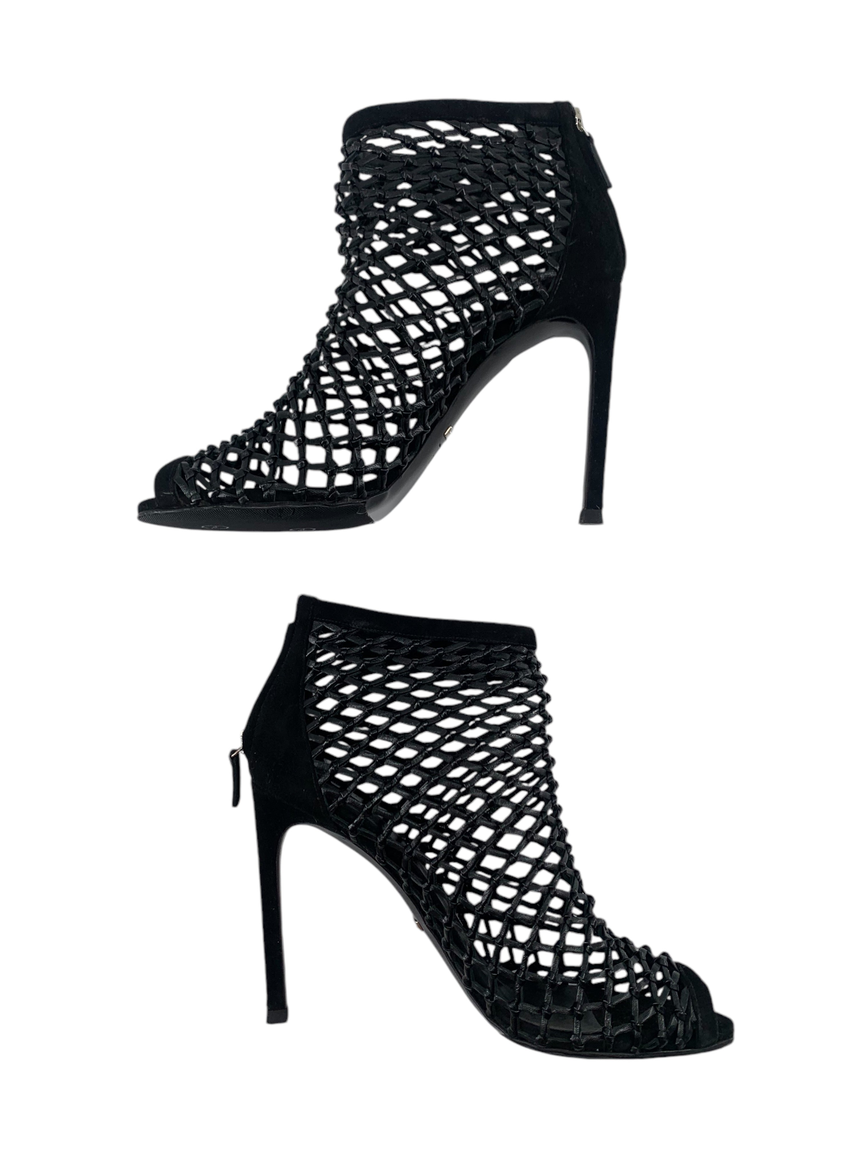  Gucci Black Eline Leather Cage Stiletto Booties SIDES 2/9