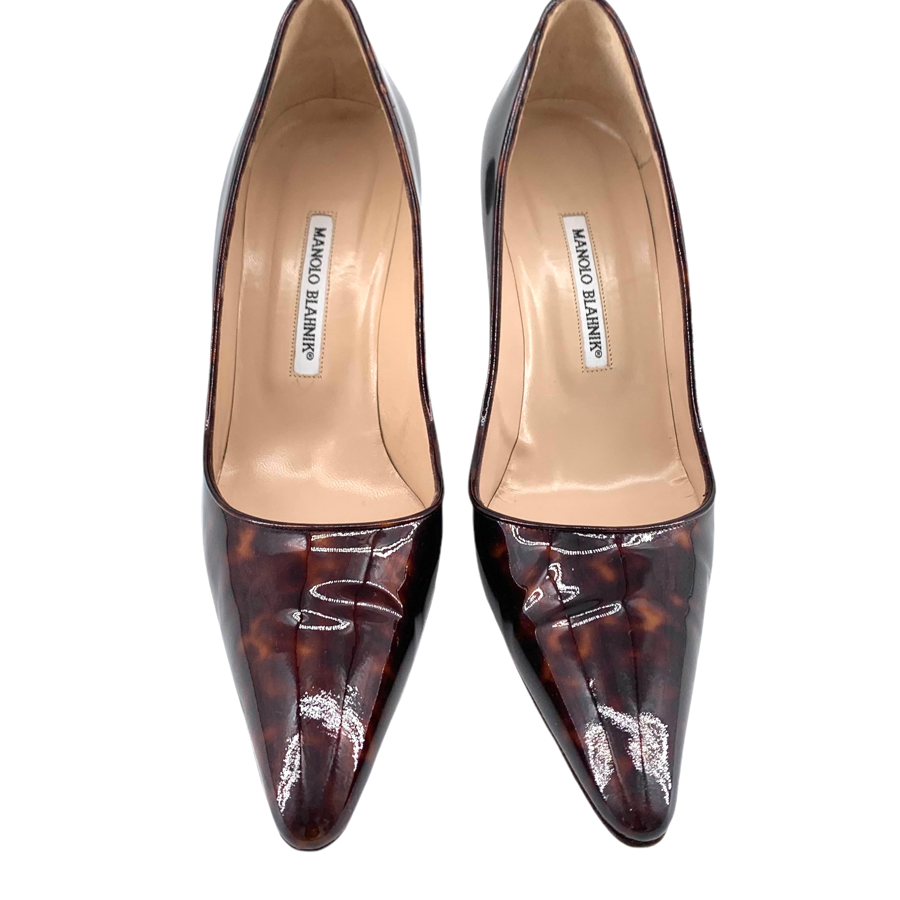 Manolo Blahnik Tortoise Shell Brown Vinyl Pumps FRONT 1/9