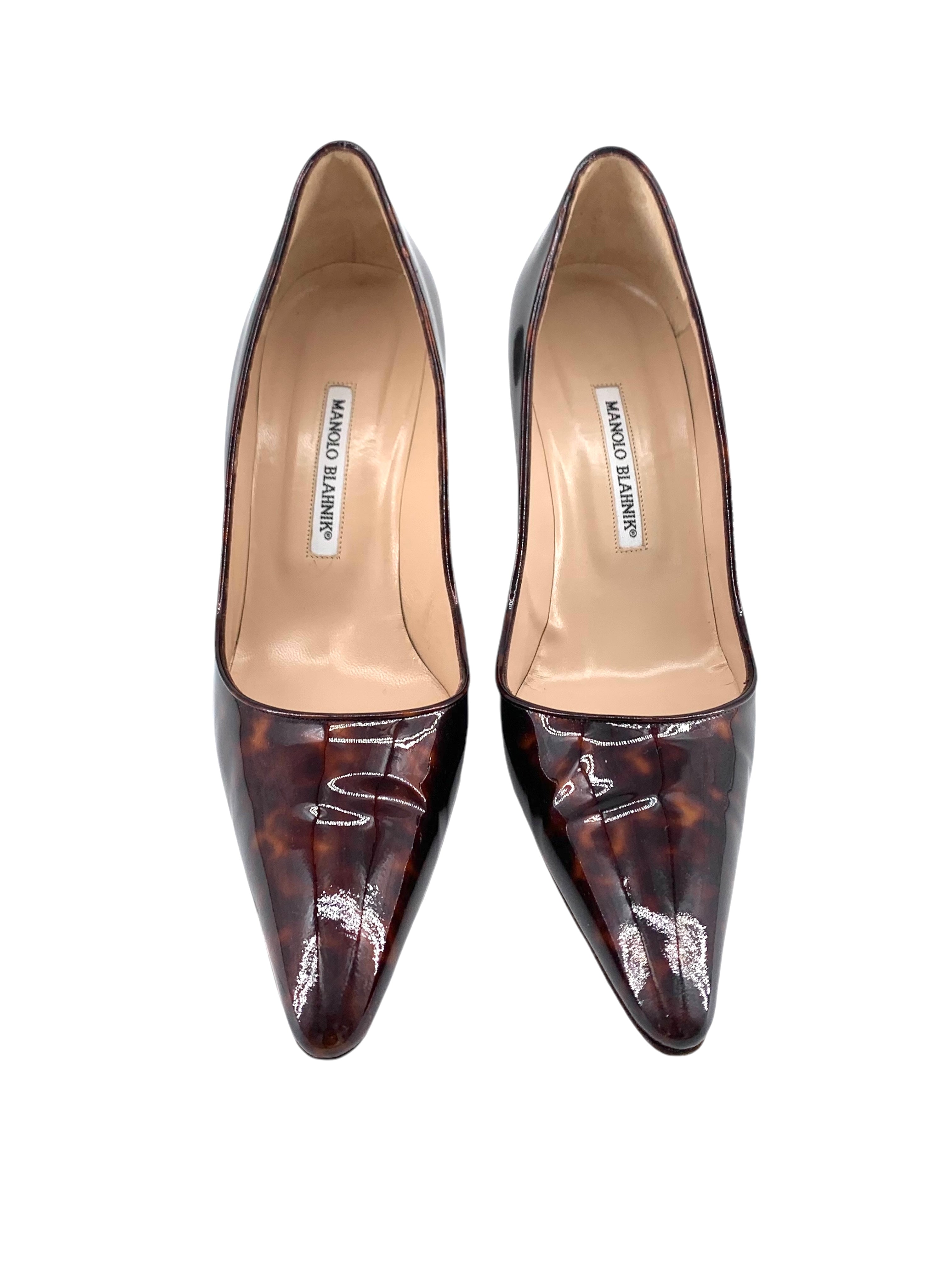 Manolo Blahnik Tortoise Shell Brown Vinyl Pumps FRONT 1/9