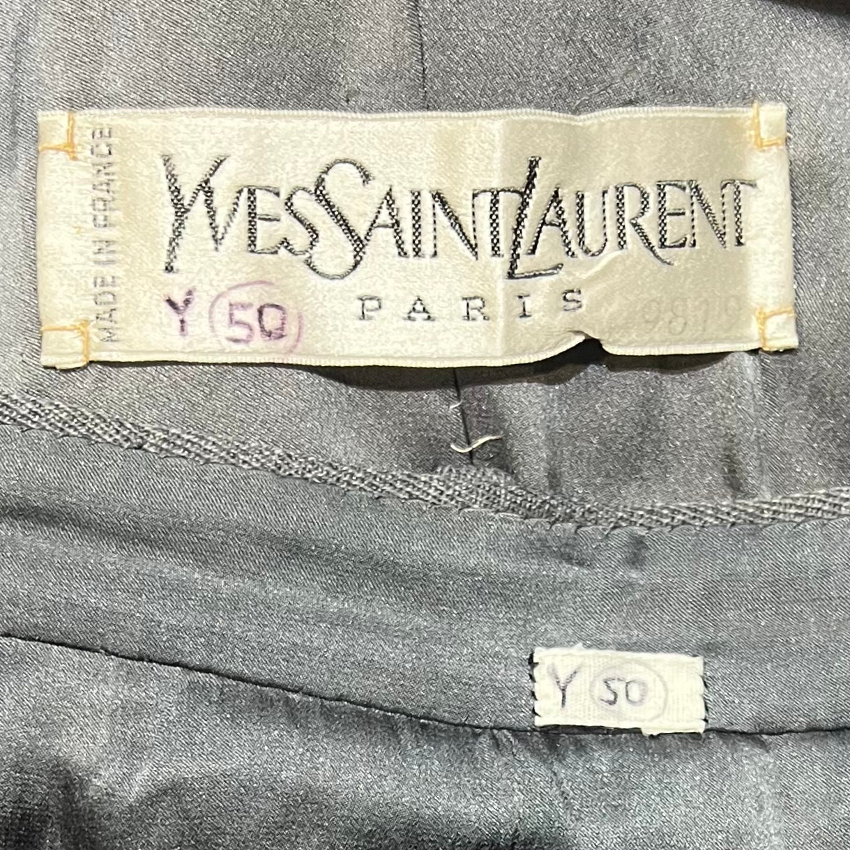 Yves Saint Laurent Haute Couture Fall 1981 Grey Wool Skirt Suit, label