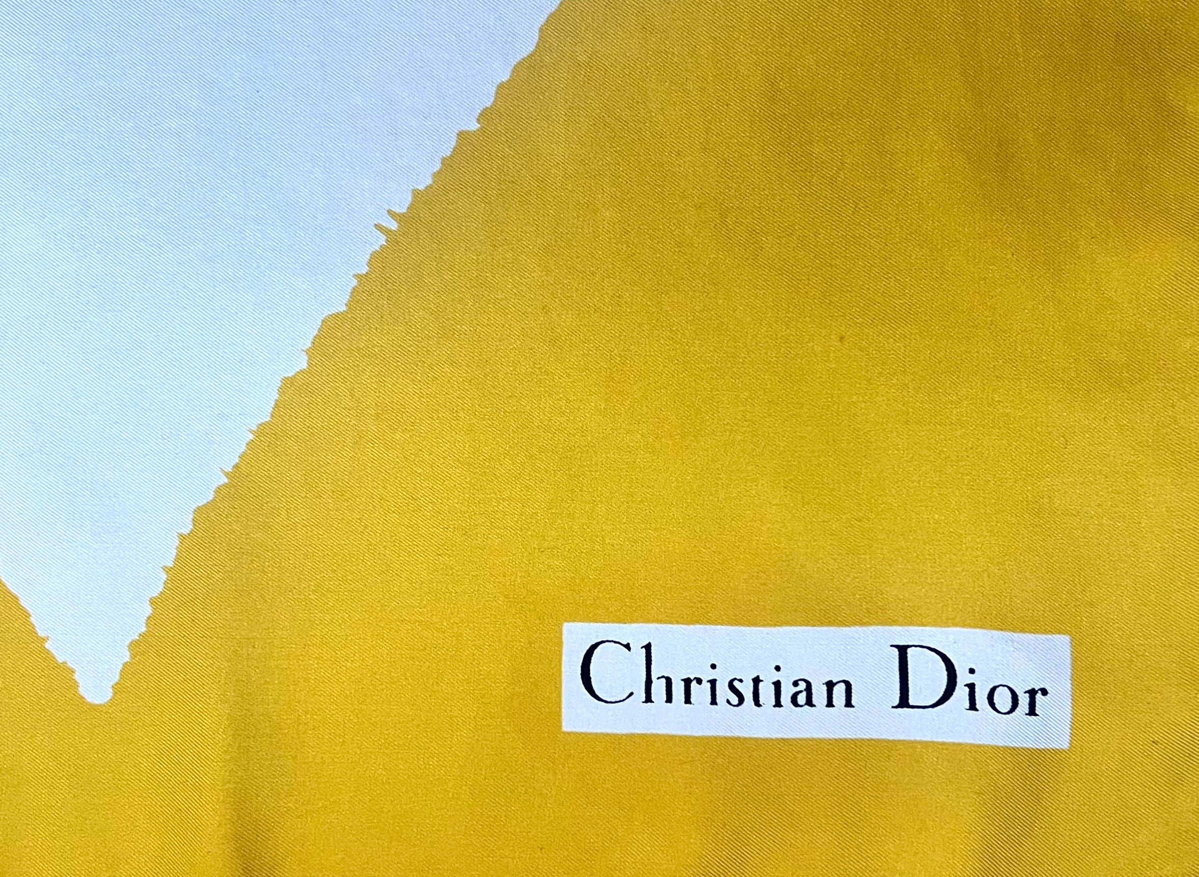 Christian Dior 1980's Yellow and Blue Geometric Flower Print Square Silk Scarf, signature