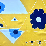 Christian Dior 1980's Yellow and Blue Geometric Flower Print Square Silk Scarf, detail