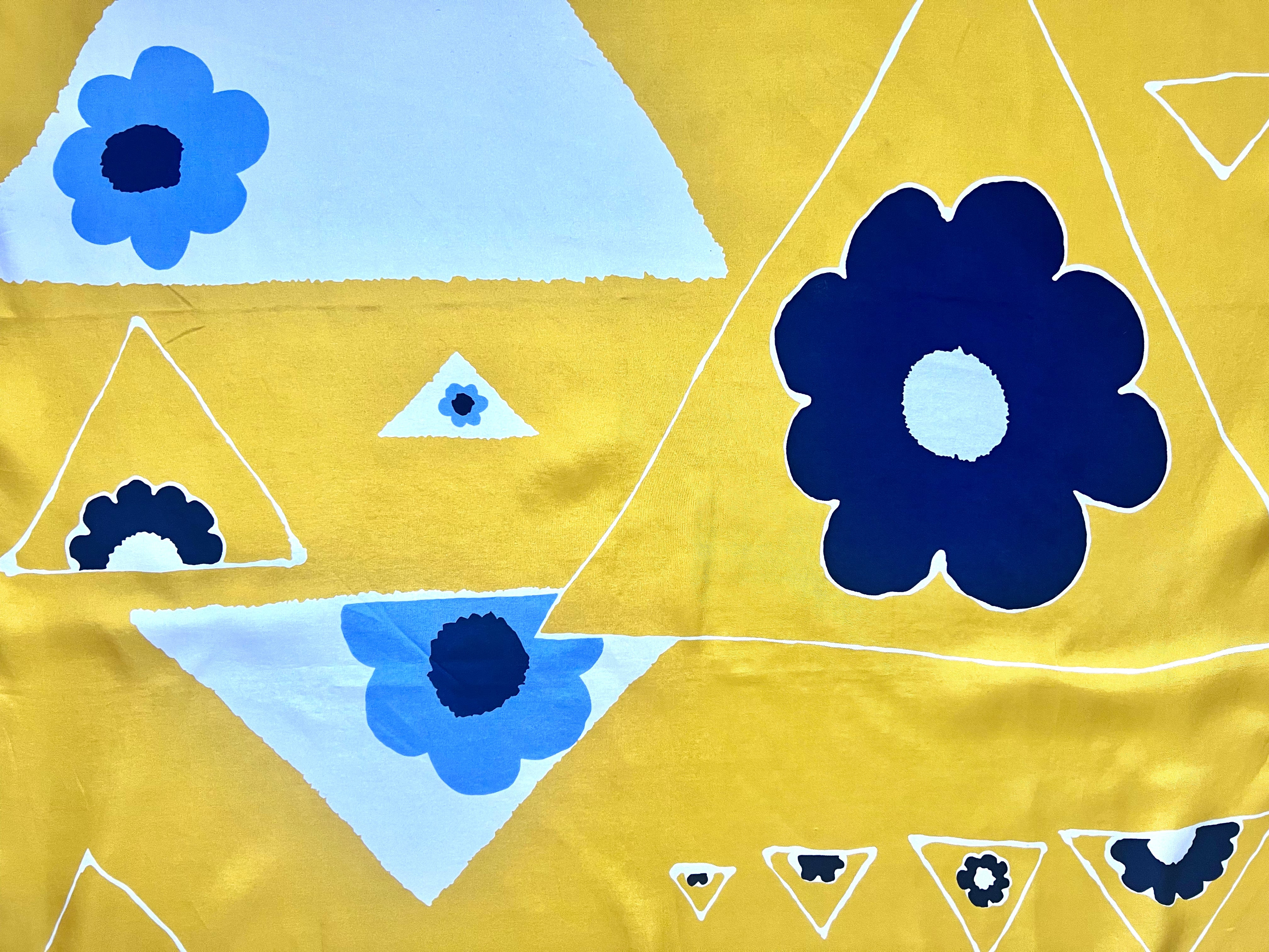 Christian Dior 1980's Yellow and Blue Geometric Flower Print Square Silk Scarf, detail