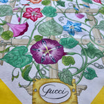 Gucci Iconic Yellow Border Lattice Floral Printed Square Silk Scarf, signature