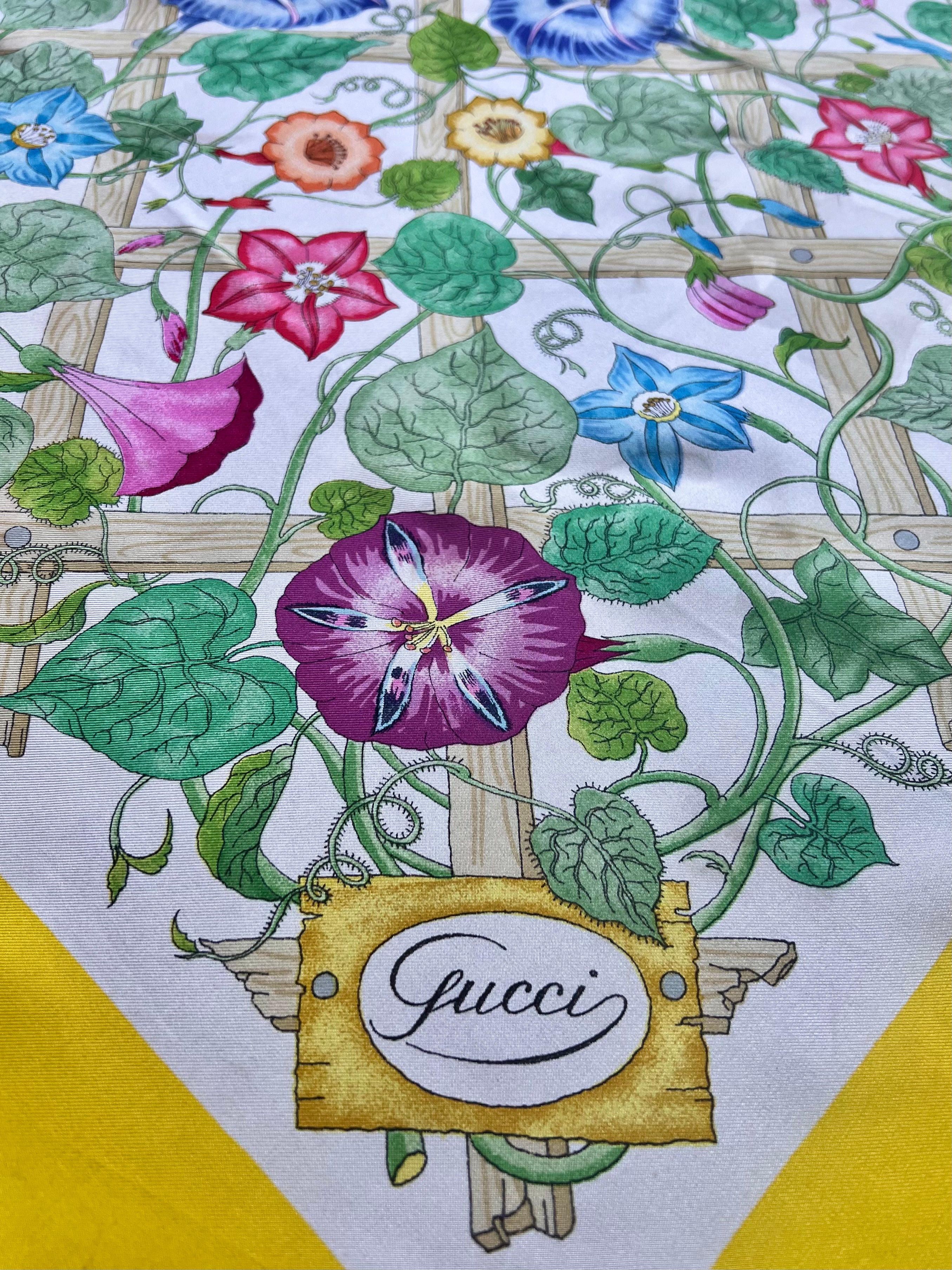 Gucci Iconic Yellow Border Lattice Floral Printed Square Silk Scarf, signature