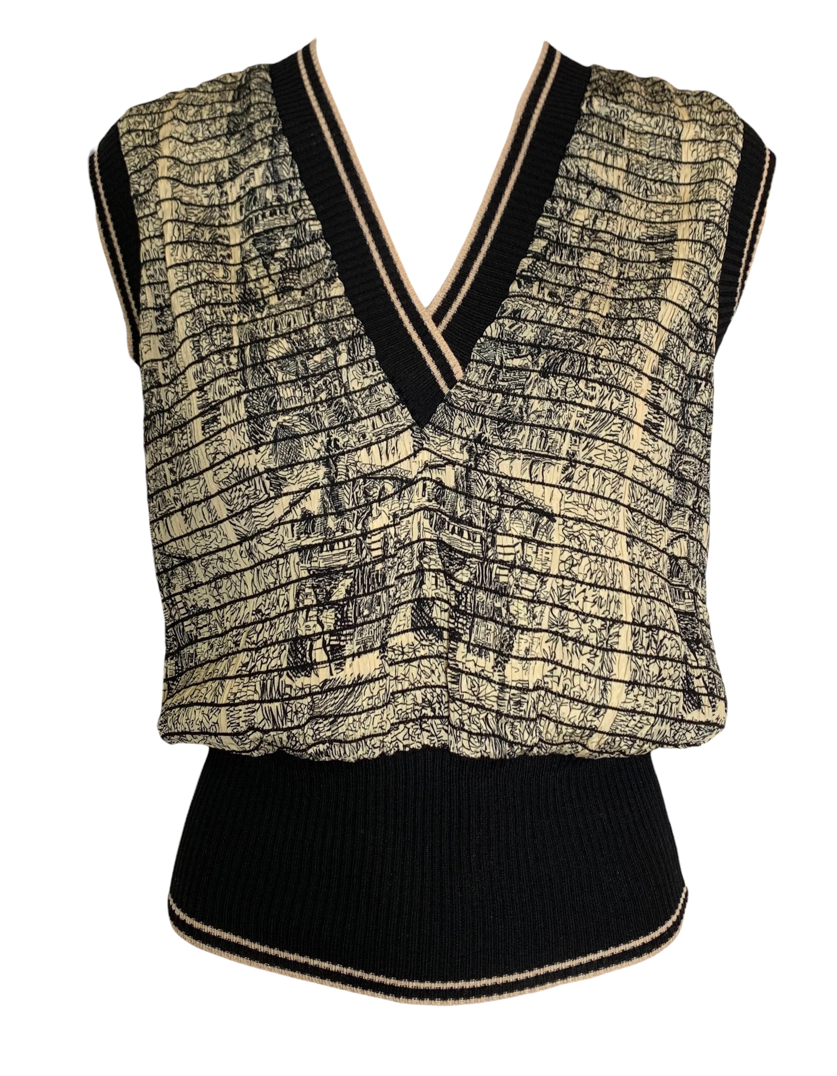  Jean Paul Gaultier FEMME Toile de Jouy Cream and Black Plissé Vest FRONT 1/8