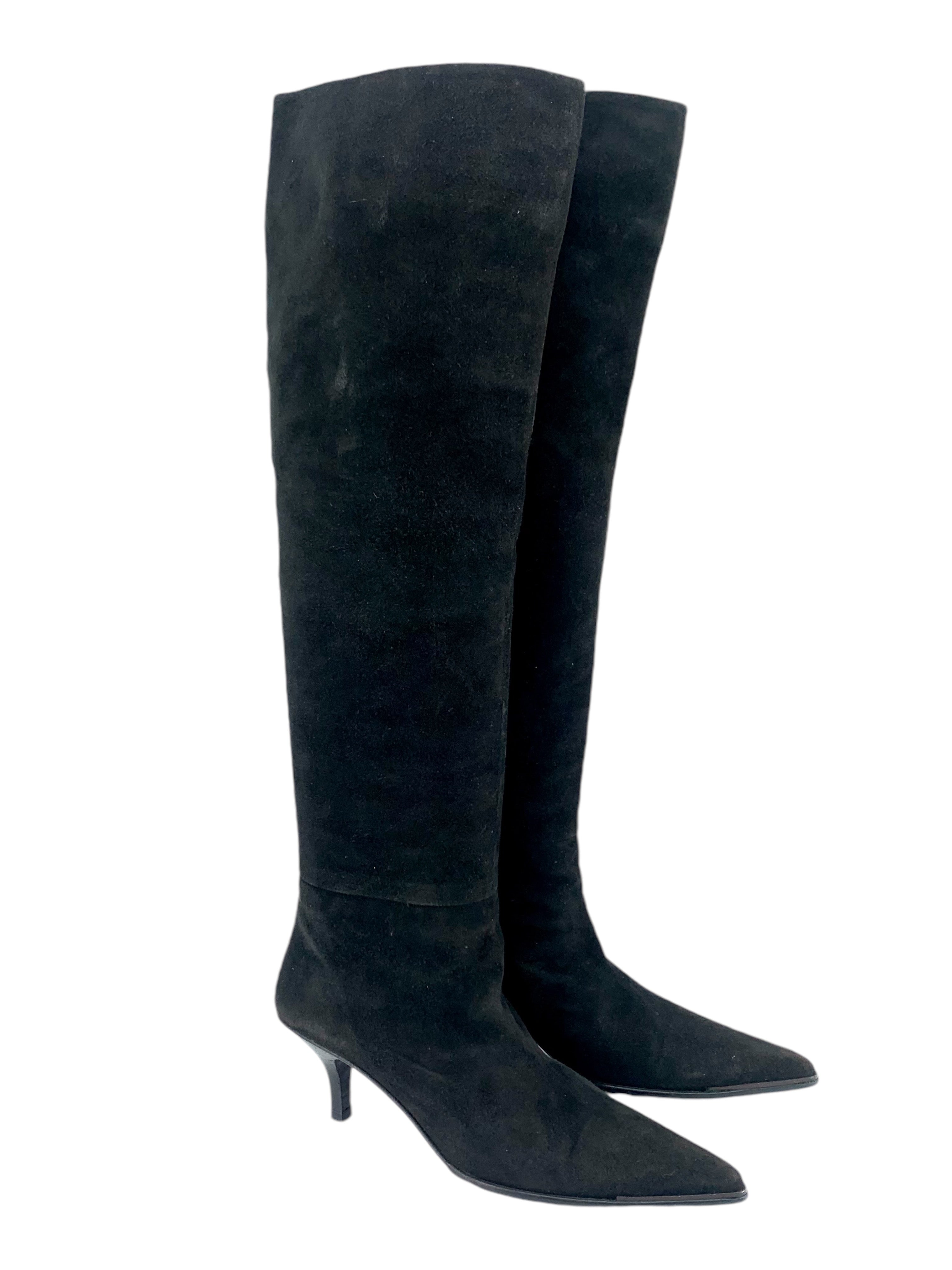 Gucci Black Suede Kitten Heel Knee Boots ANGLE 2/6