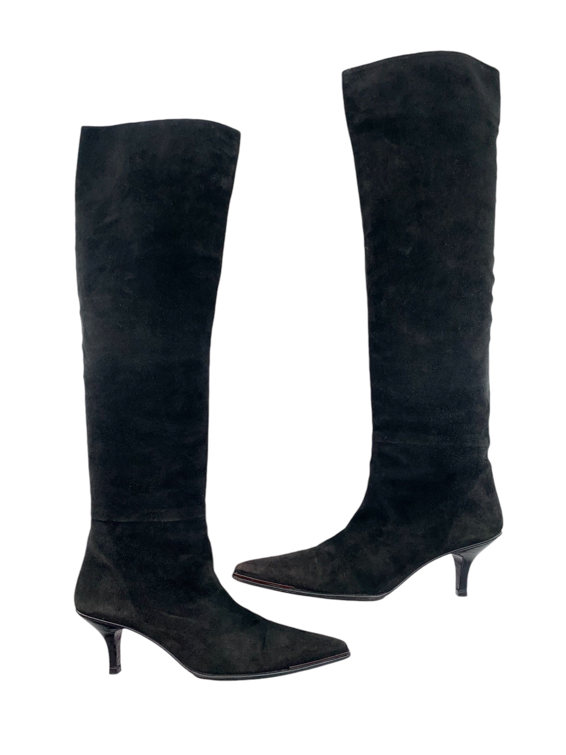 Gucci Black Suede Kitten Heel Knee Boots SIDE 1/6