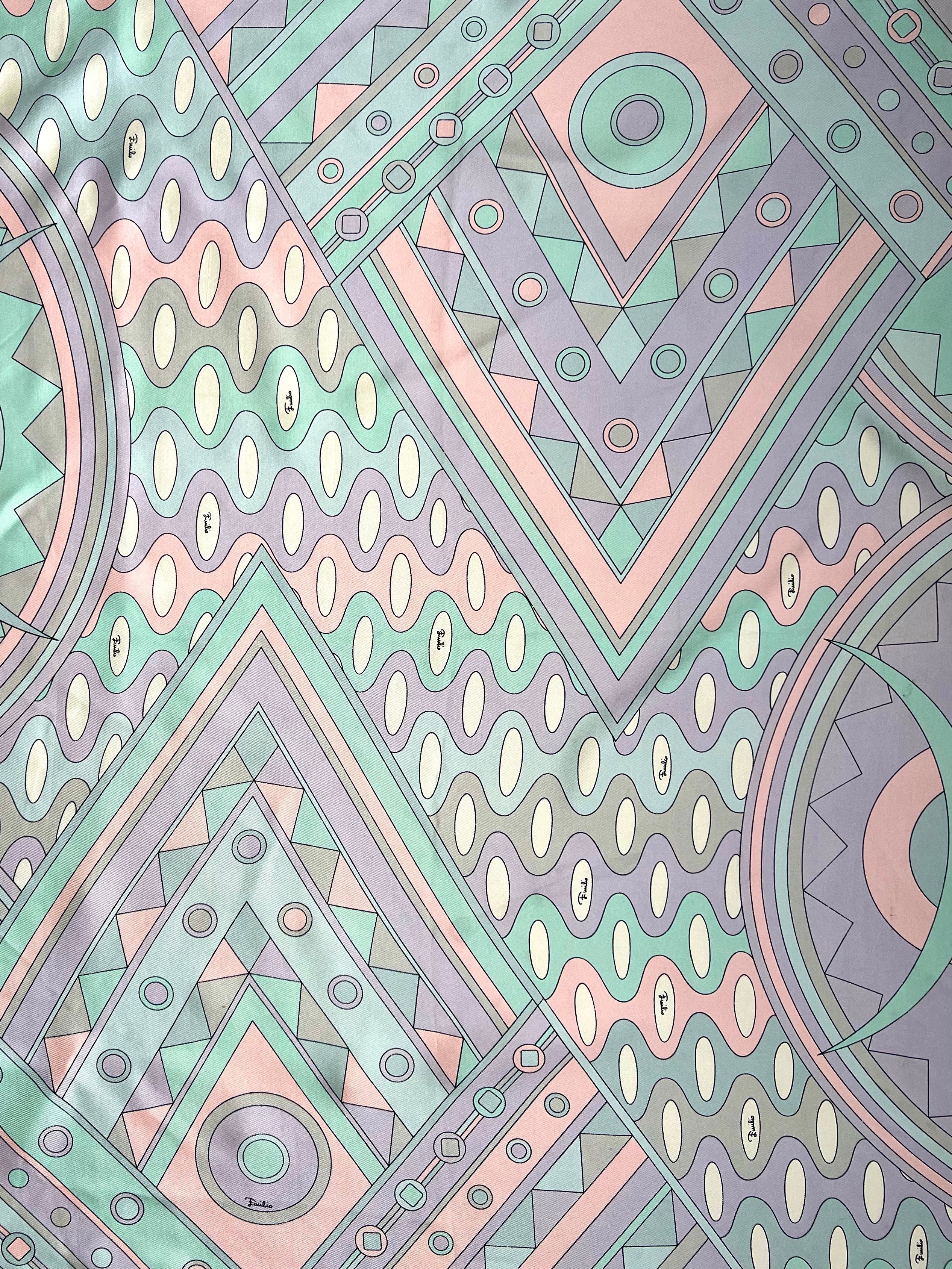 Pucci 60s Geometric Grey, Pale Pink, and Turquoise Printed Silk Square Scarf PRINT DETAIL 3/7