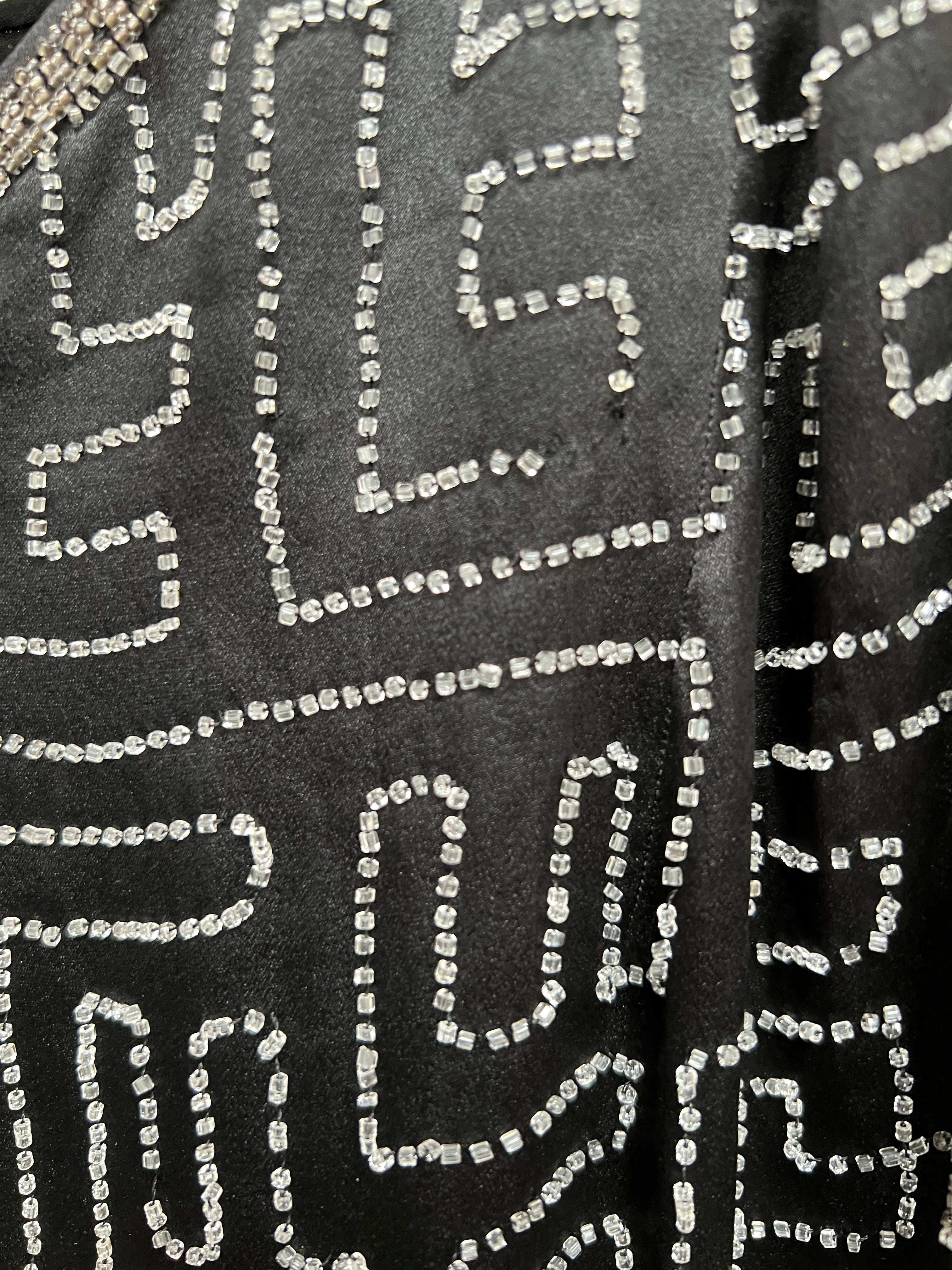1920's Art Deco Geometric Beaded Black Silk Satin Evening Dress, missing beads