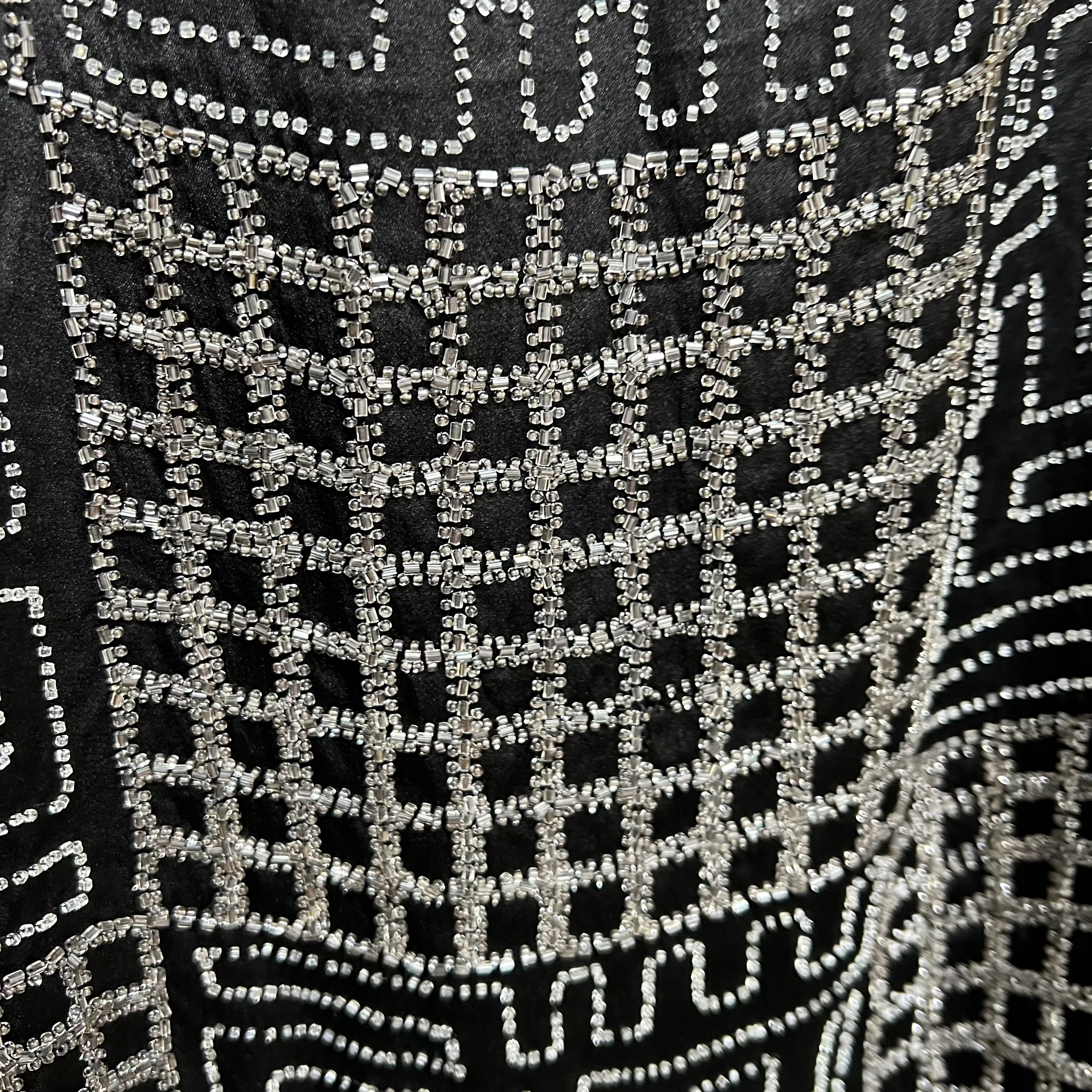 1920's Art Deco Geometric Beaded Black Silk Satin Evening Dress, detail 3