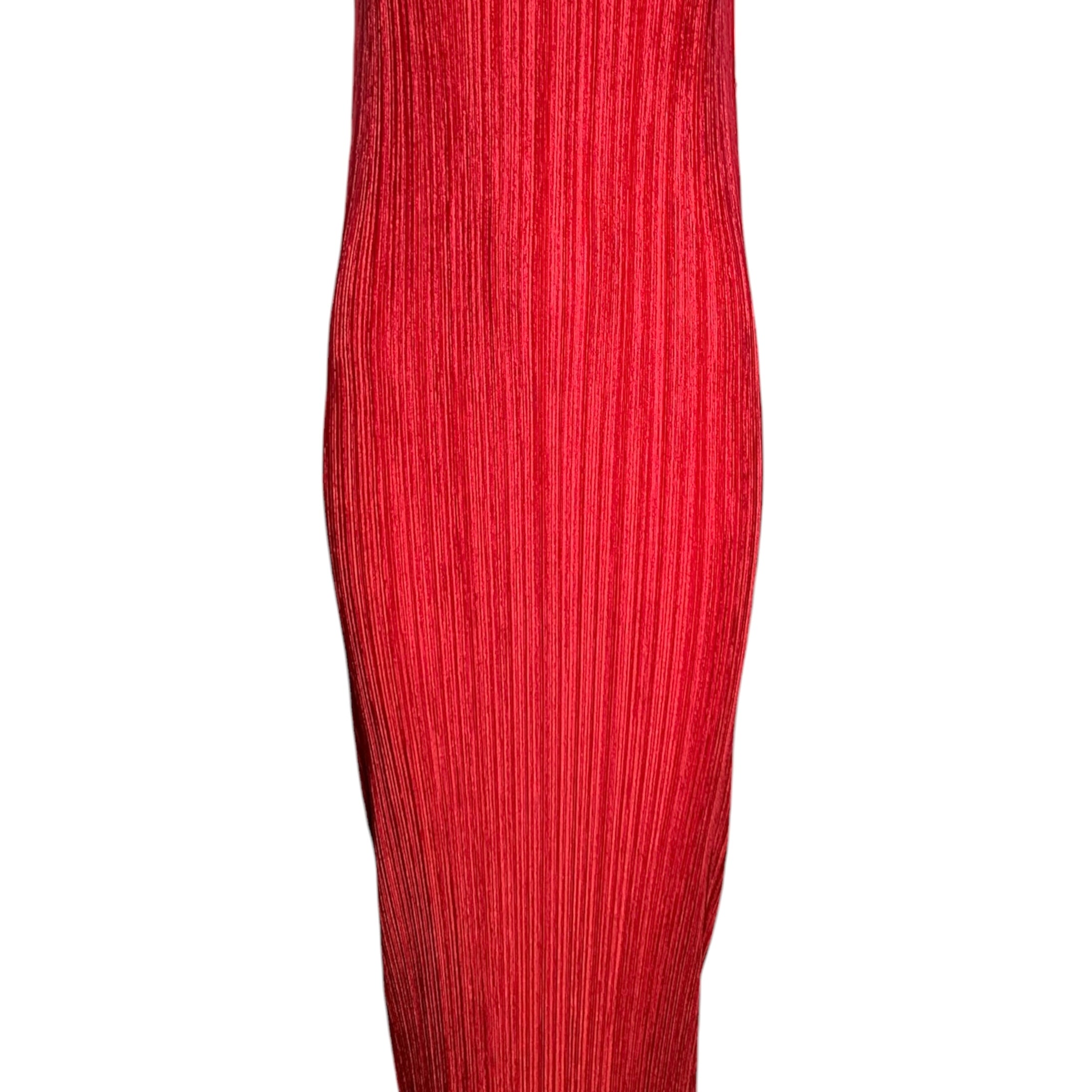 Issey Miyake '90s Plissé Cherry Red Scoop Neck Dress FRONT 1/5