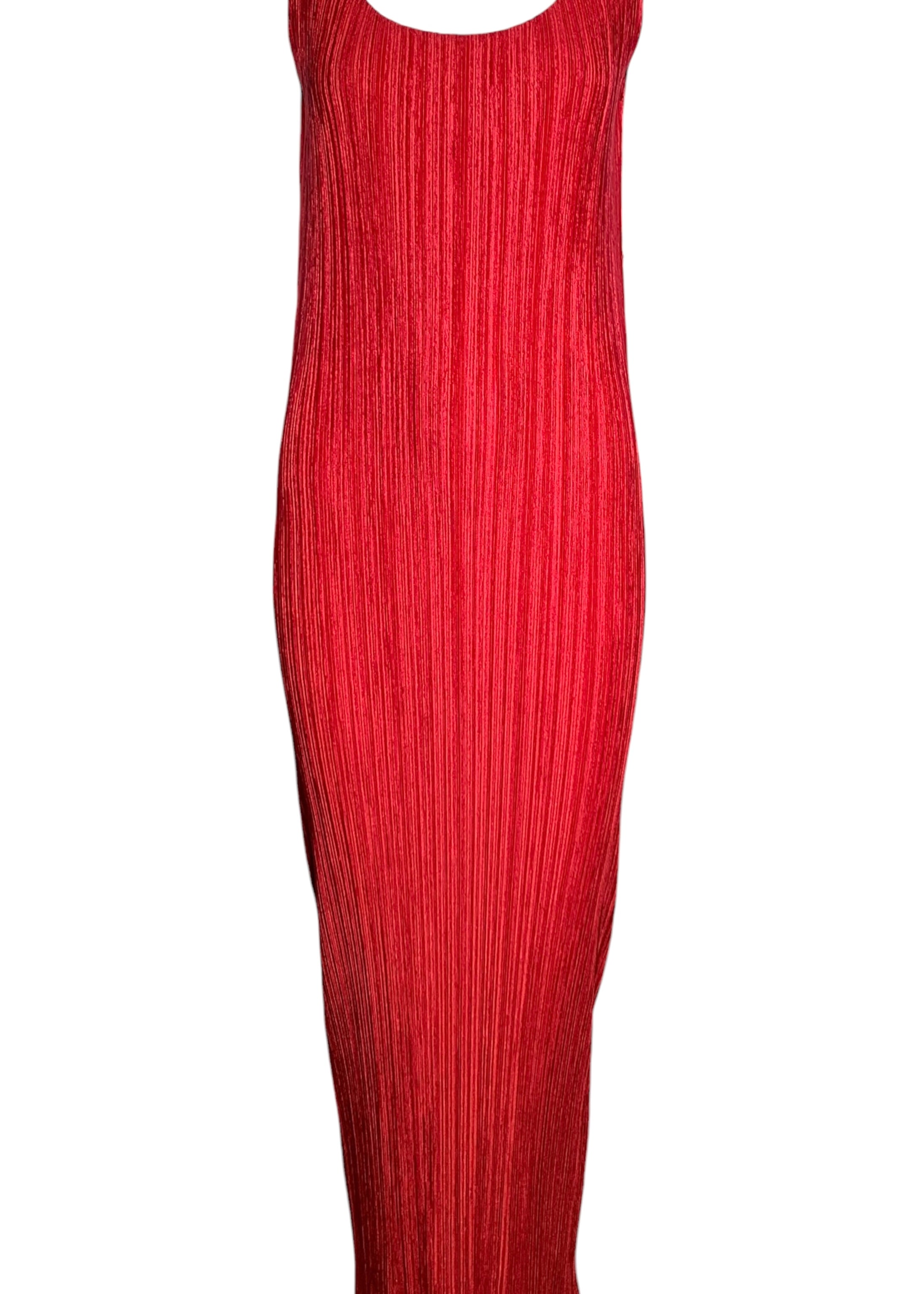 Issey Miyake '90s Plissé Cherry Red Scoop Neck Dress FRONT 1/5