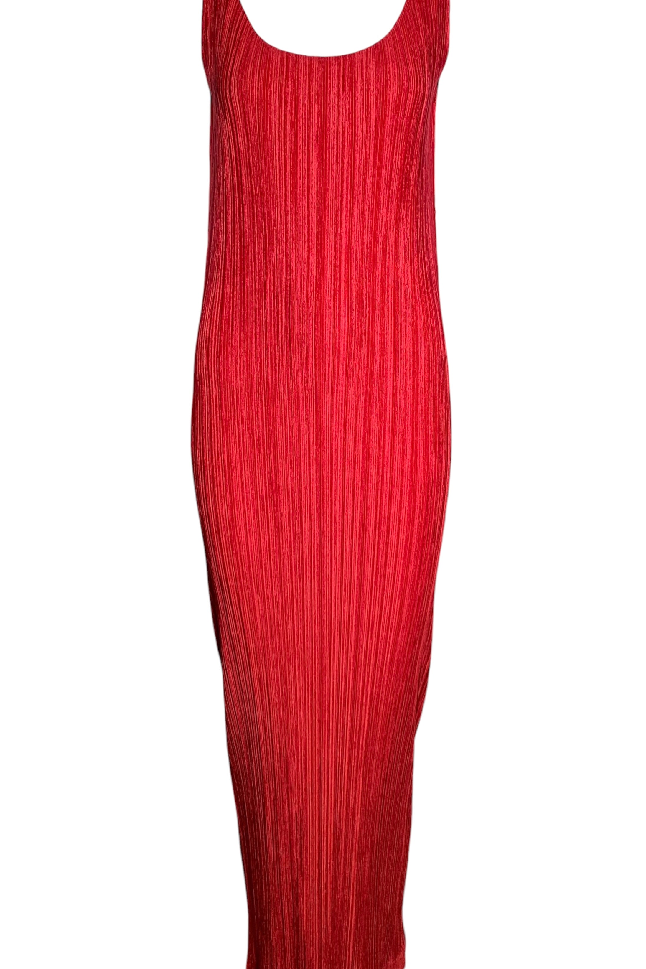 Issey Miyake '90s Plissé Cherry Red Scoop Neck Dress FRONT 1/5