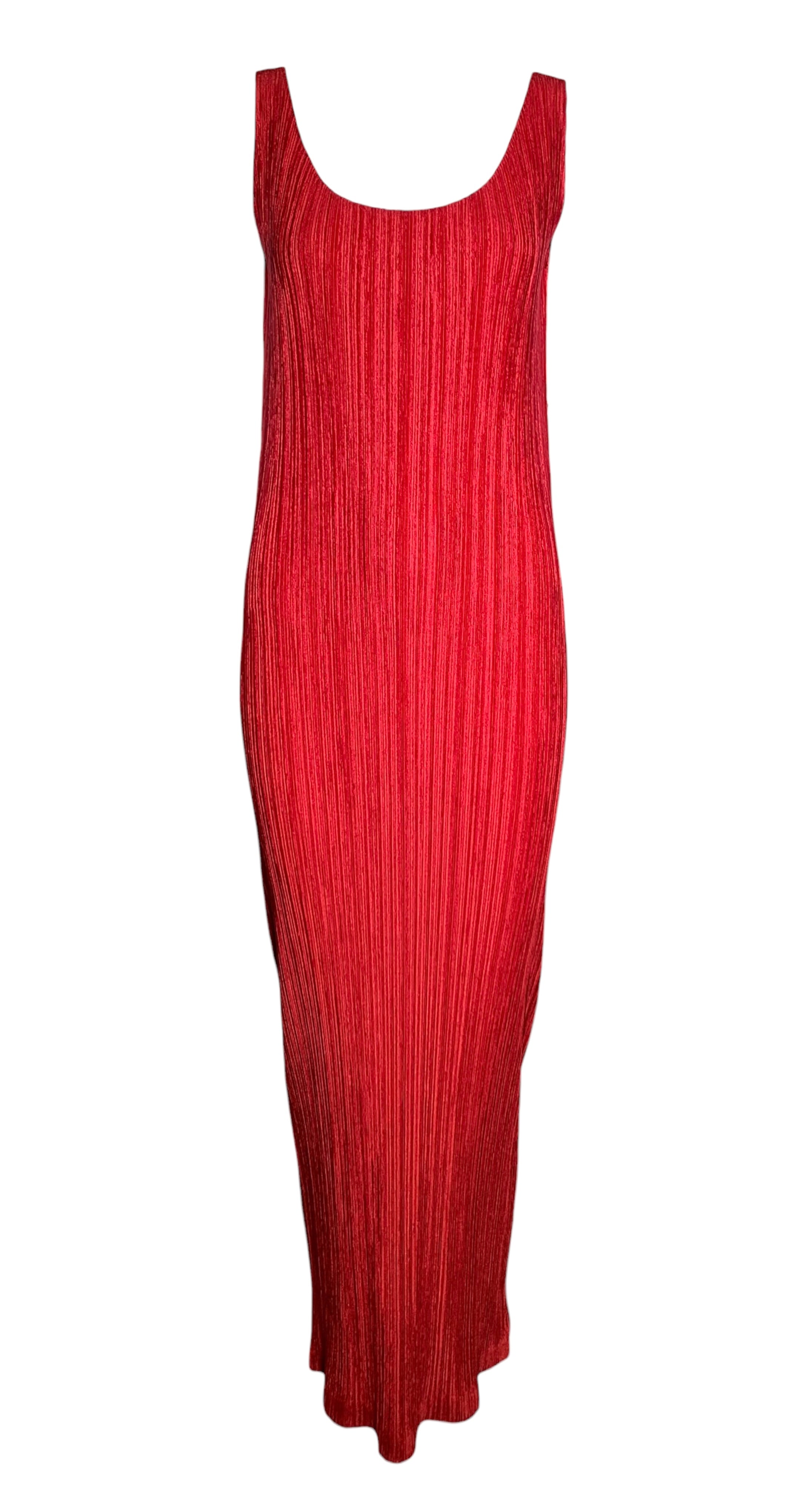 Issey Miyake '90s Plissé Cherry Red Scoop Neck Dress FRONT 1/5