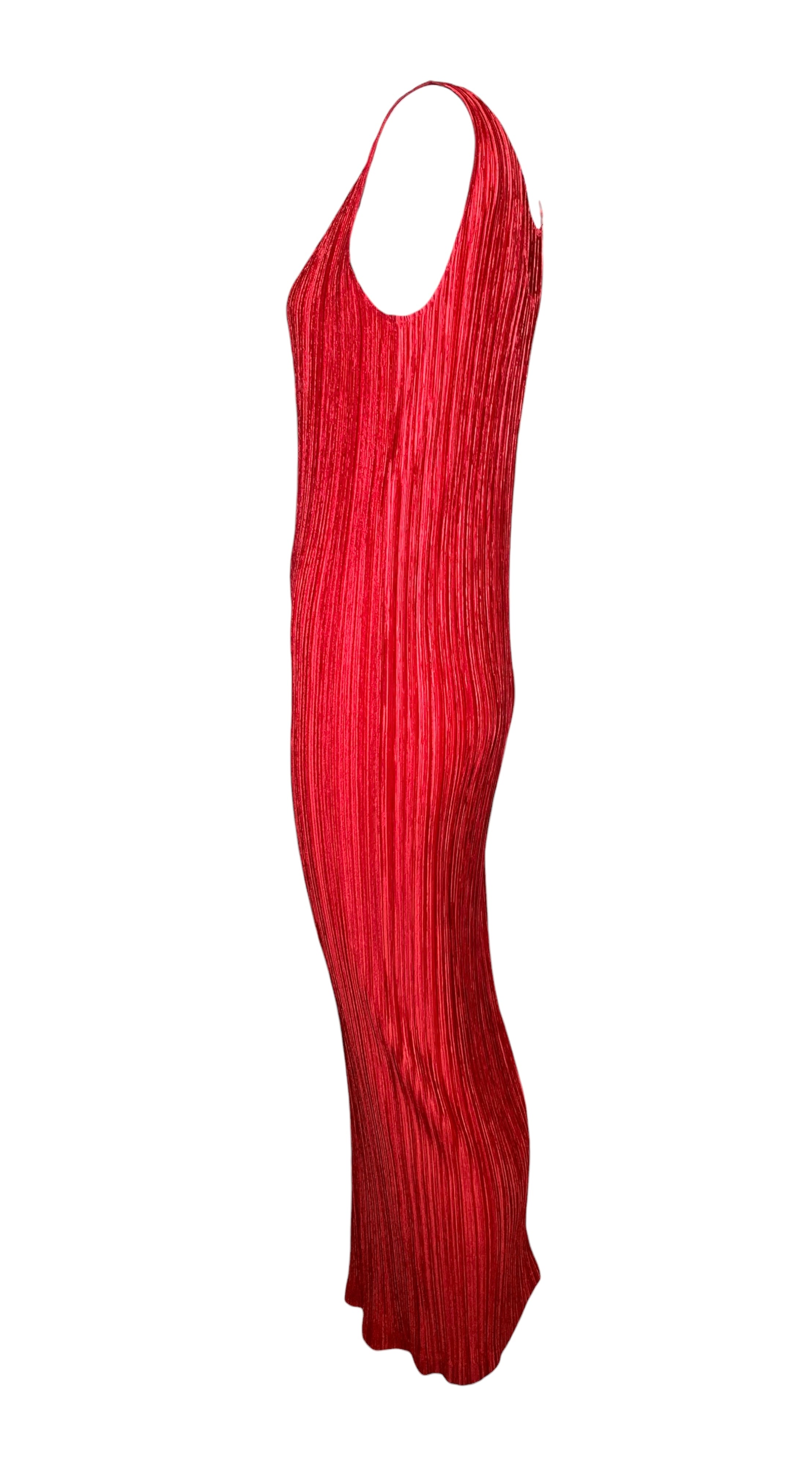 Issey Miyake '90s Plissé Cherry Red Scoop Neck Dress SIDE 3/5