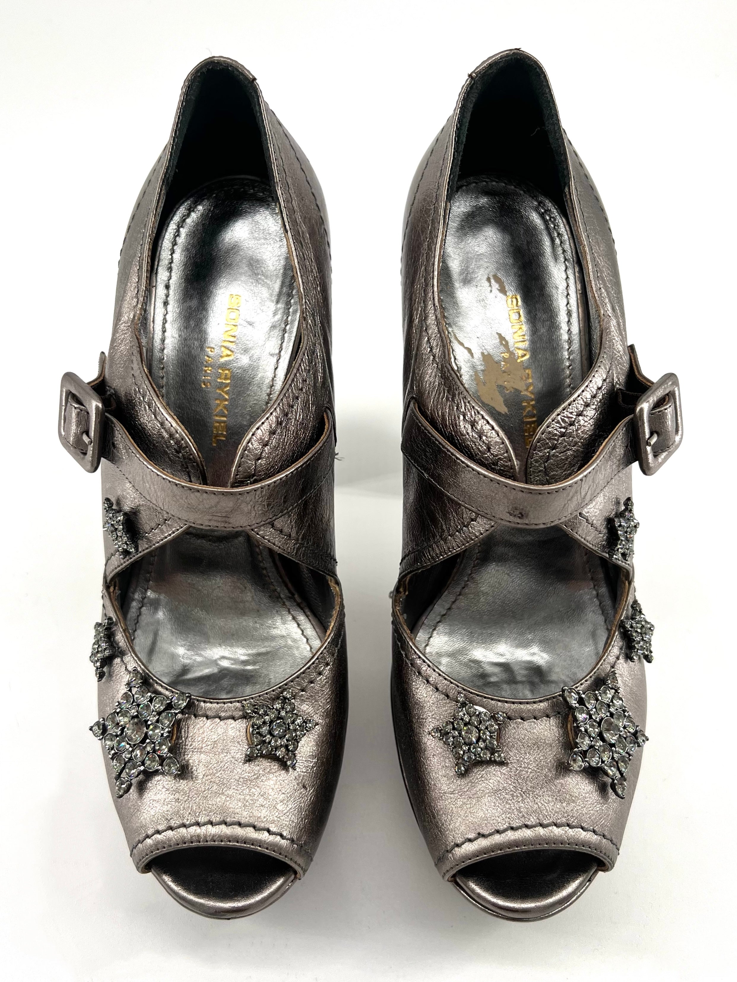 Sonia Rykiel Silver Leather Rhinestone Star Platforms, front